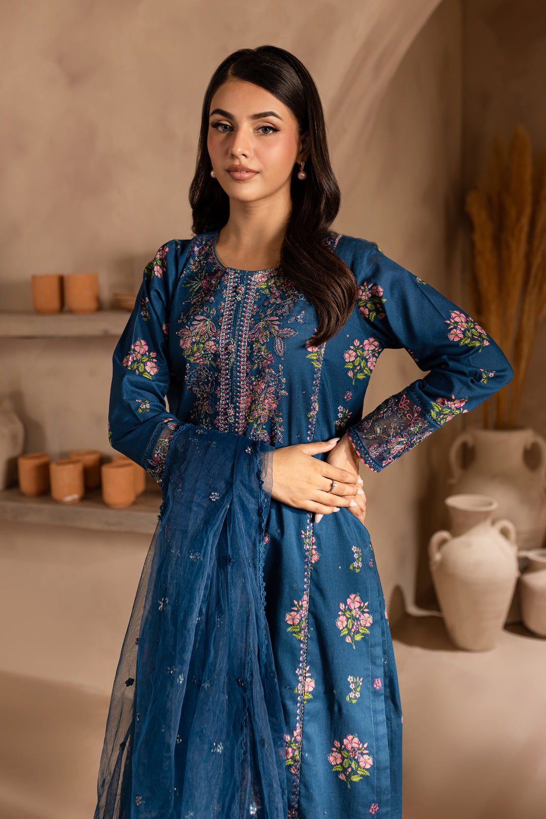 Zhenya Teal 3Pc - Printed Khaddar Dress - BATIK