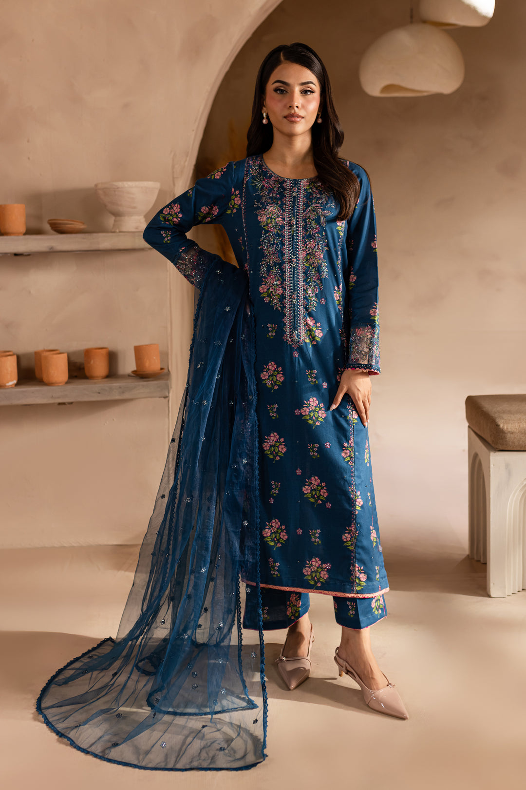 Zhenya Teal 3Pc - Printed Khaddar Dress - BATIK