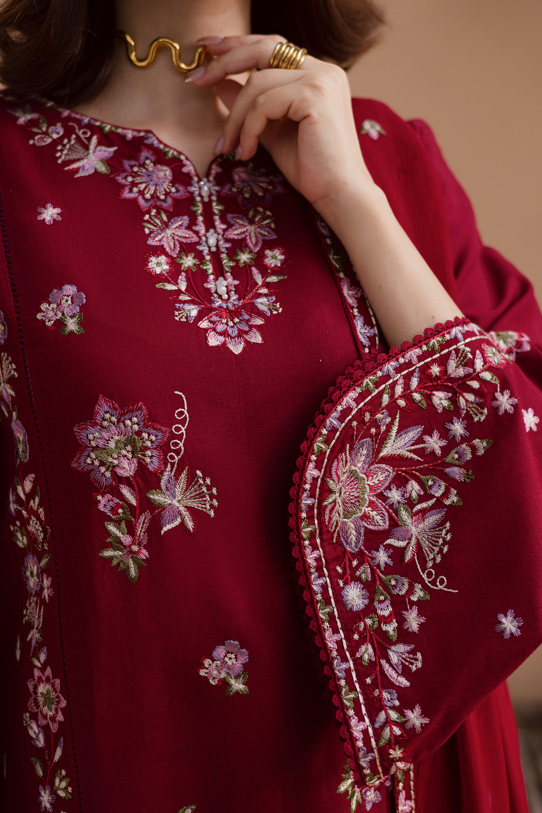 Beet Rush 3Pc - Embroidered Khaddar Dress