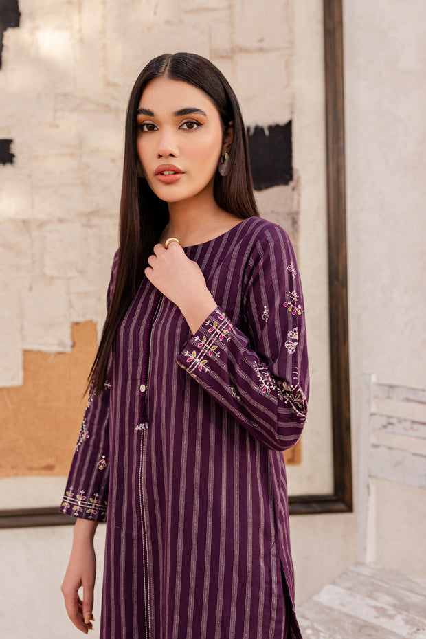 Purple 2Pc - Embroidered Jacquard Dress - BATIK