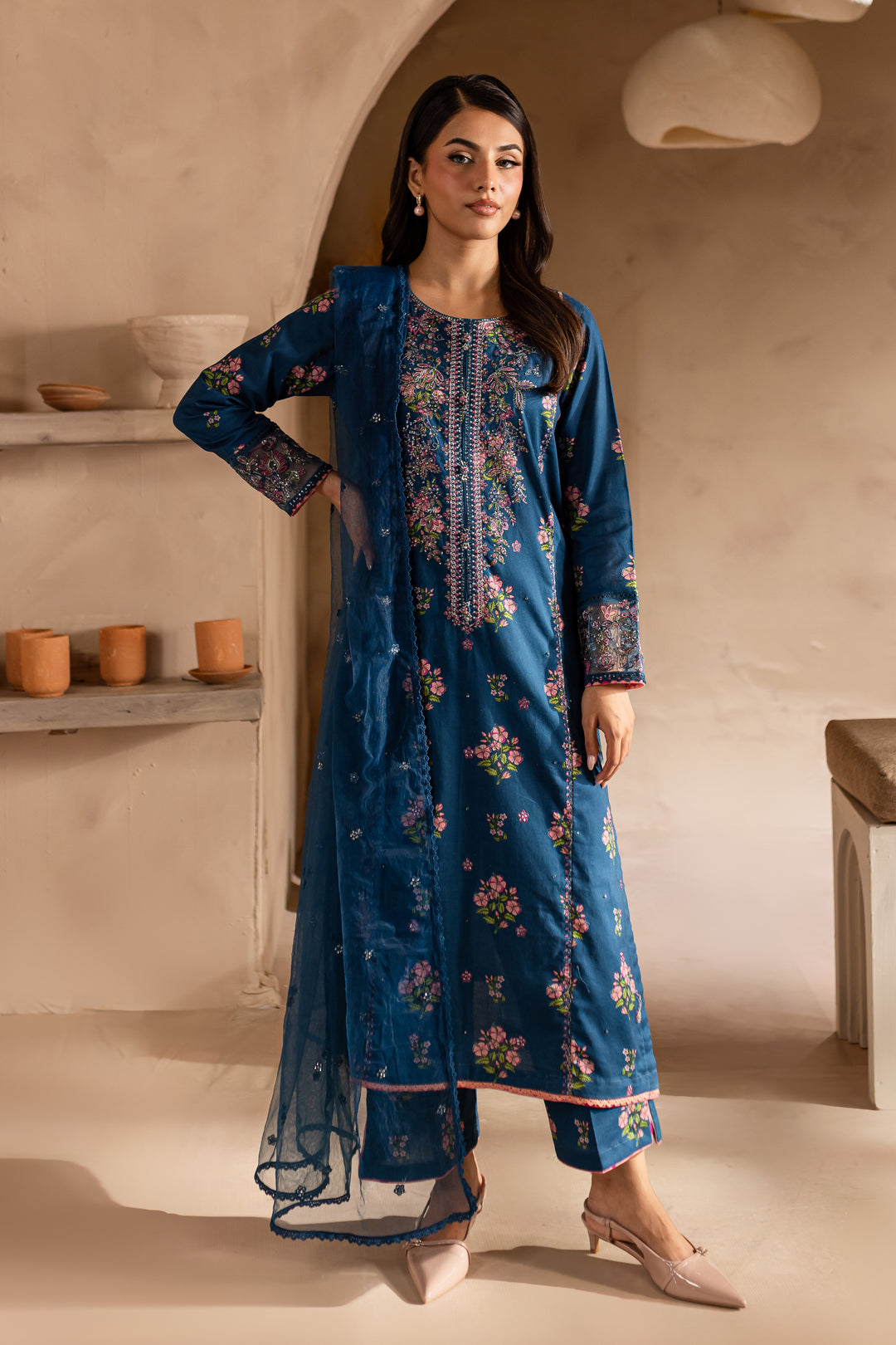 Zhenya Teal 3Pc - Printed Khaddar Dress - BATIK