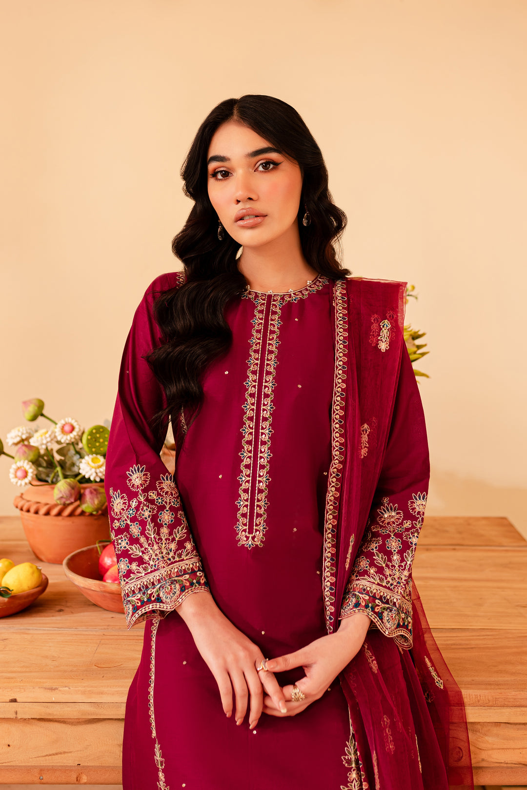 Vivid Burgundy 3Pc Embroidered Lawn Dress BATIK