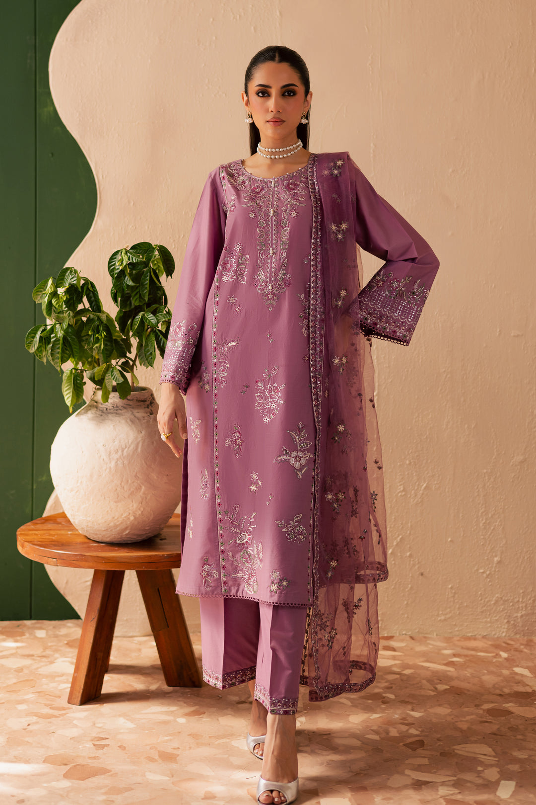 Lilac Glam 3Pc - Embroidered Solid Dress - BATIK