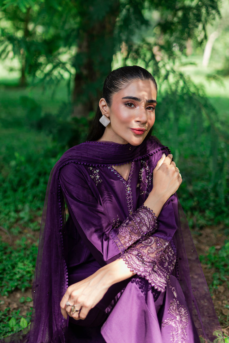 Purple Pansy 3Pc -  Embroidered Cambric Dress - BATIK
