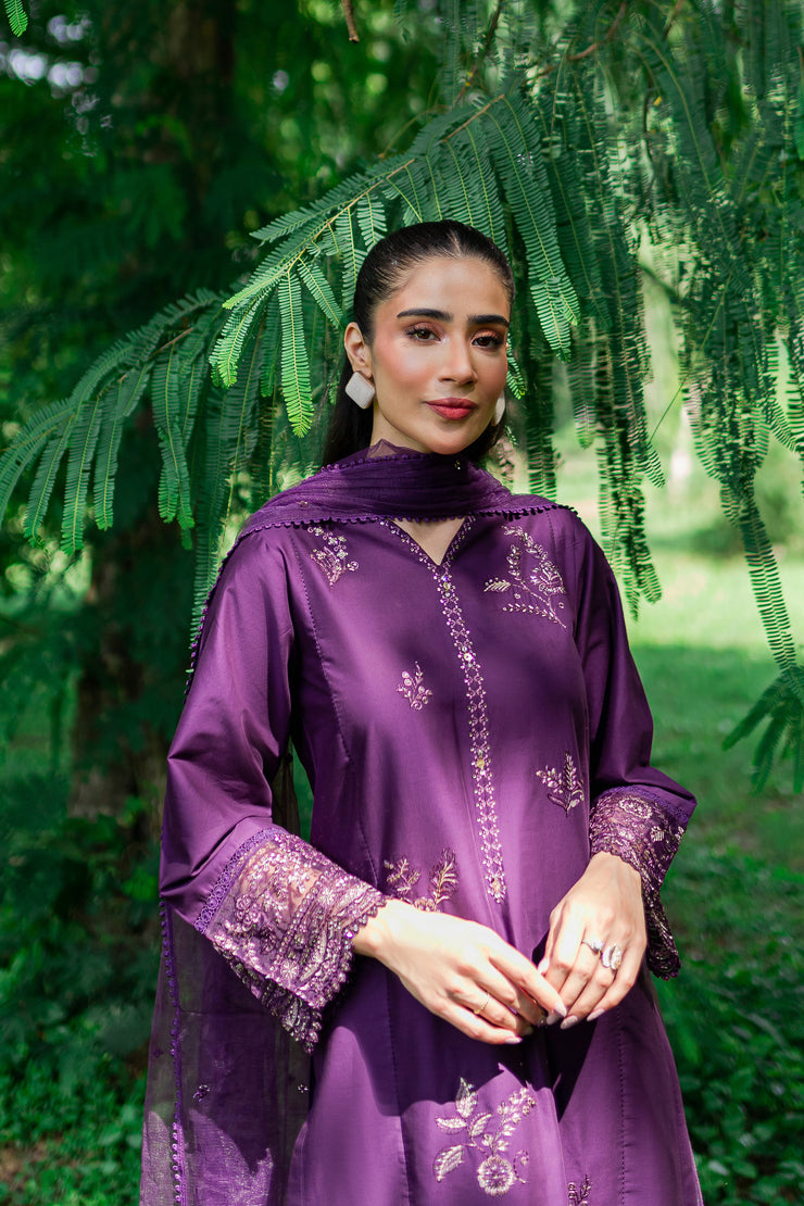 Purple Pansy 3Pc -  Embroidered Cambric Dress - BATIK