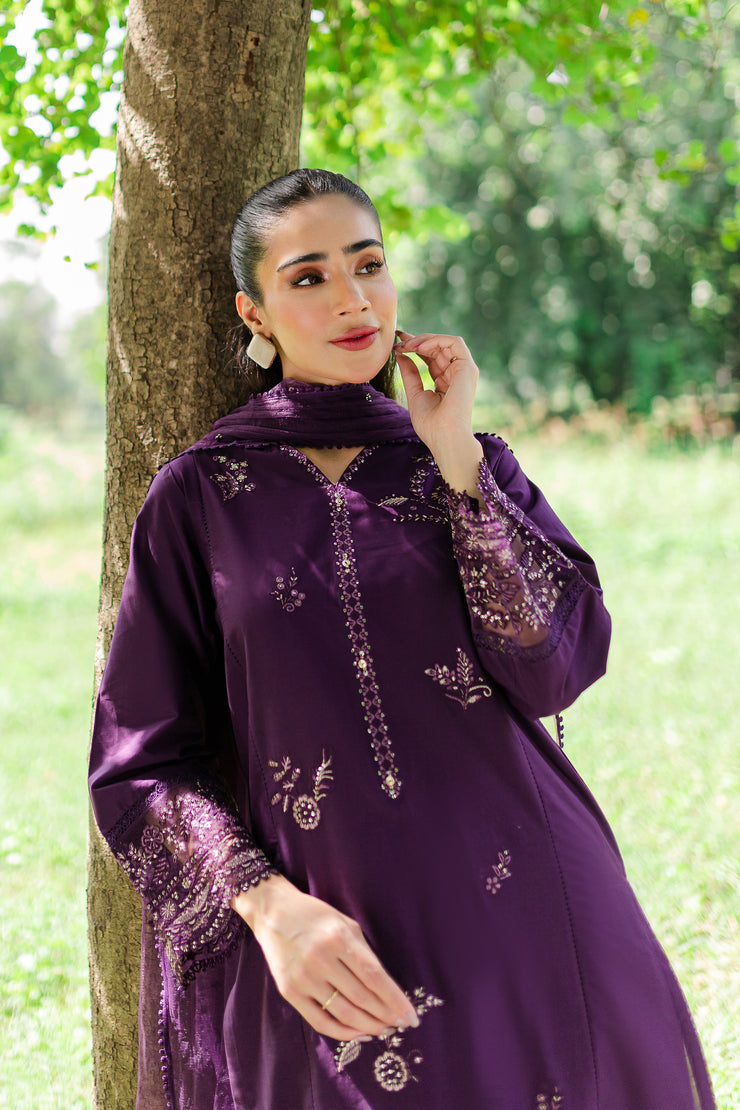 Purple Pansy 3Pc -  Embroidered Cambric Dress - BATIK
