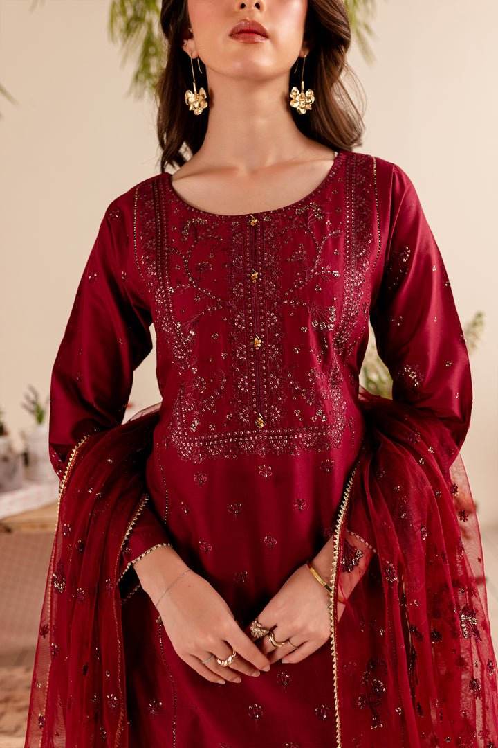 Maroon Sitara 3Pc - Embroidered Lawn Dress - BATIK