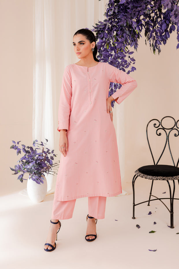 Pink Stripes 2Pc - Embroidered Jacquard Dress - BATIK