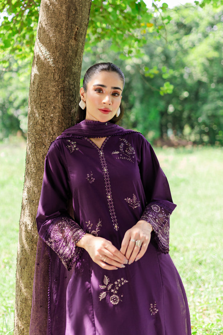 Purple Pansy 3Pc -  Embroidered Cambric Dress - BATIK