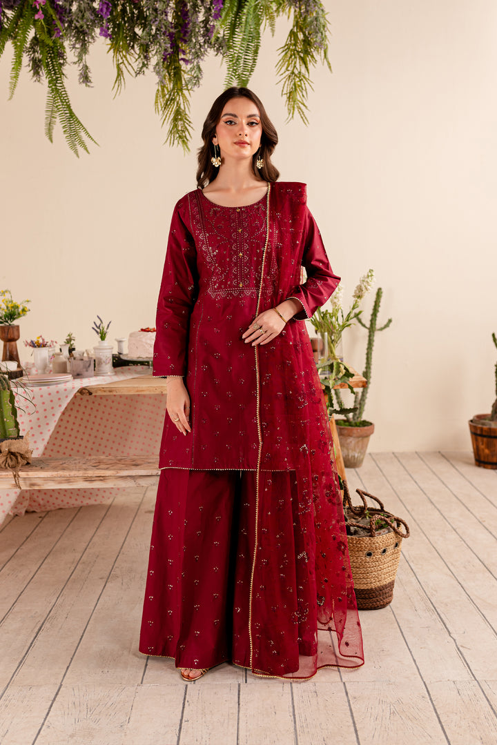 Maroon Sitara 3Pc - Embroidered Lawn Dress - BATIK