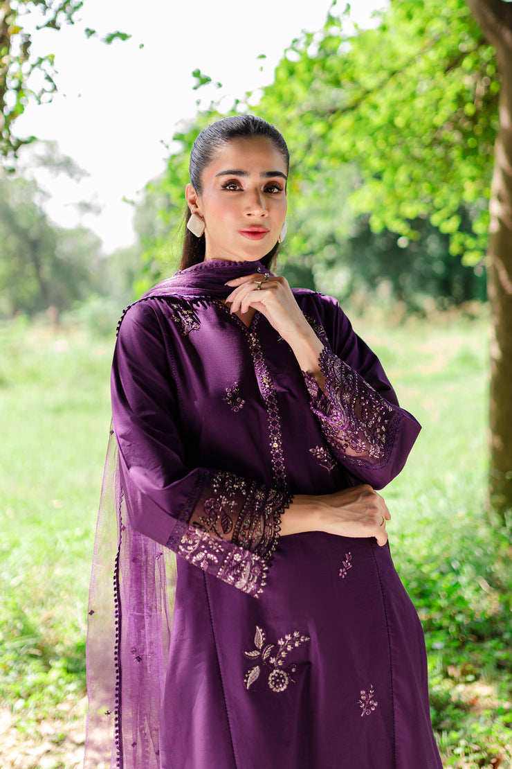 Purple Pansy 3Pc -  Embroidered Cambric Dress - BATIK