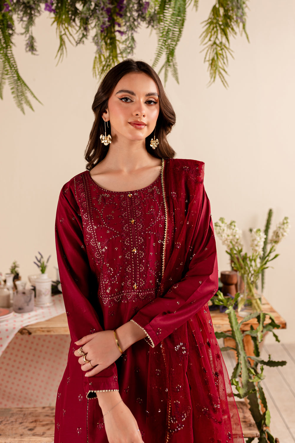 Maroon Sitara 3Pc - Embroidered Lawn Dress - BATIK