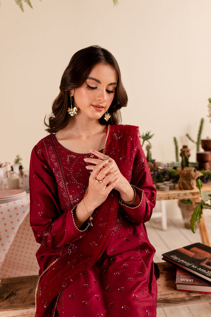 Maroon Sitara 3Pc - Embroidered Lawn Dress - BATIK