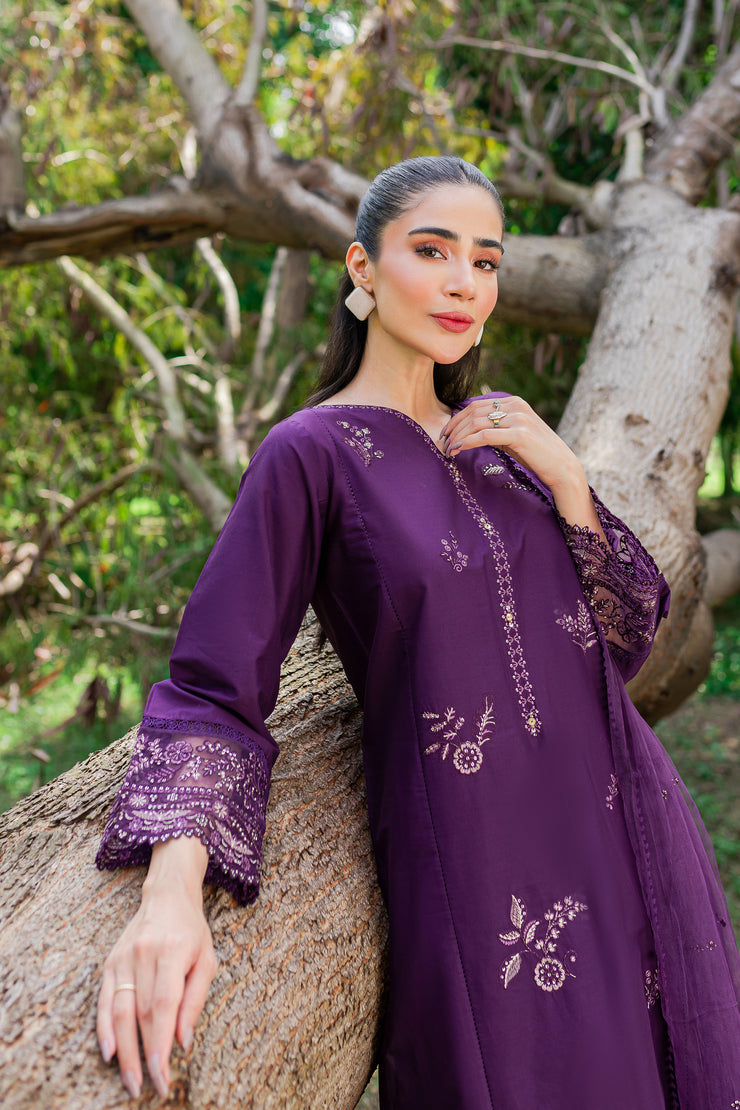 Purple Pansy 3Pc -  Embroidered Cambric Dress - BATIK