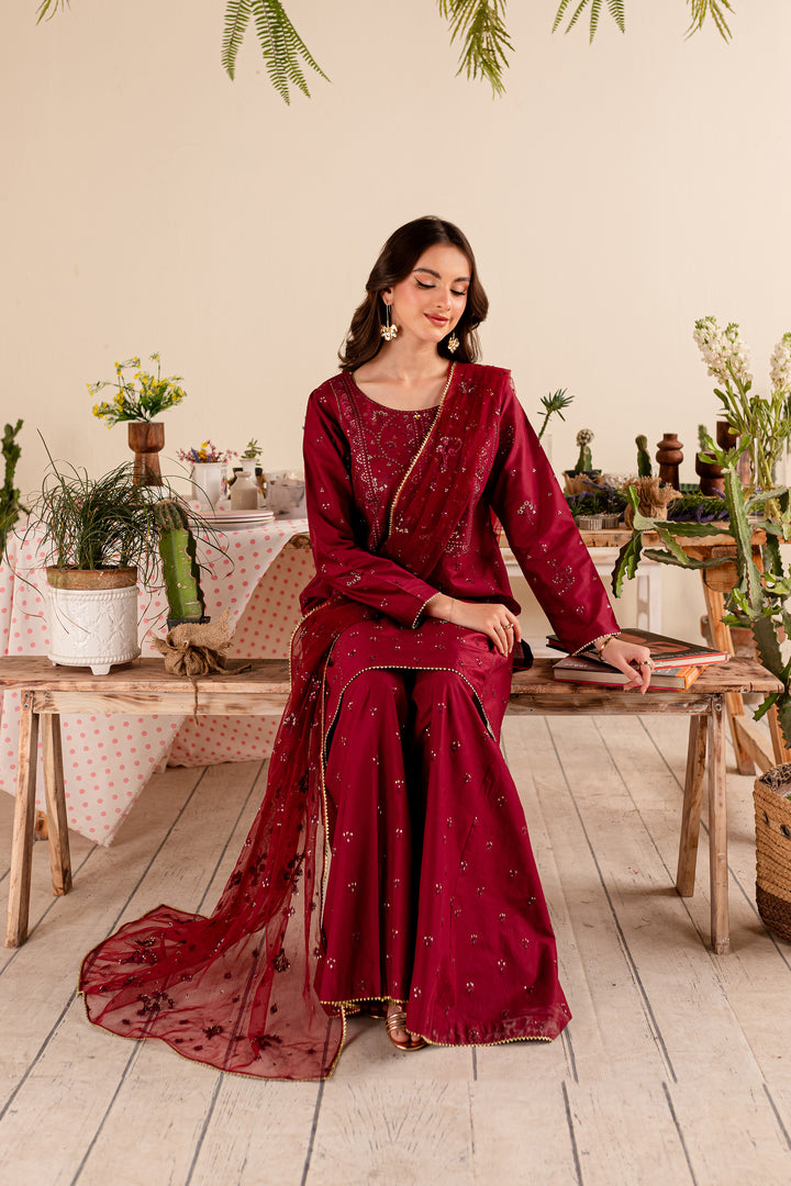 Maroon Sitara 3Pc - Embroidered Lawn Dress - BATIK