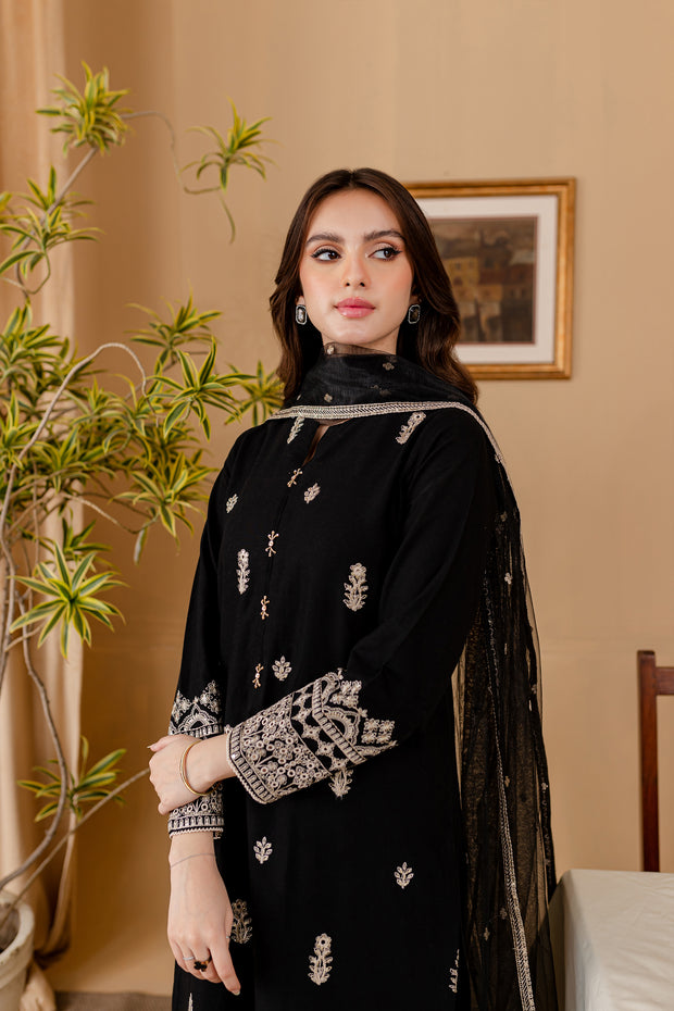 Black Aaira 3Pc - Embroidered Khaddar Dress