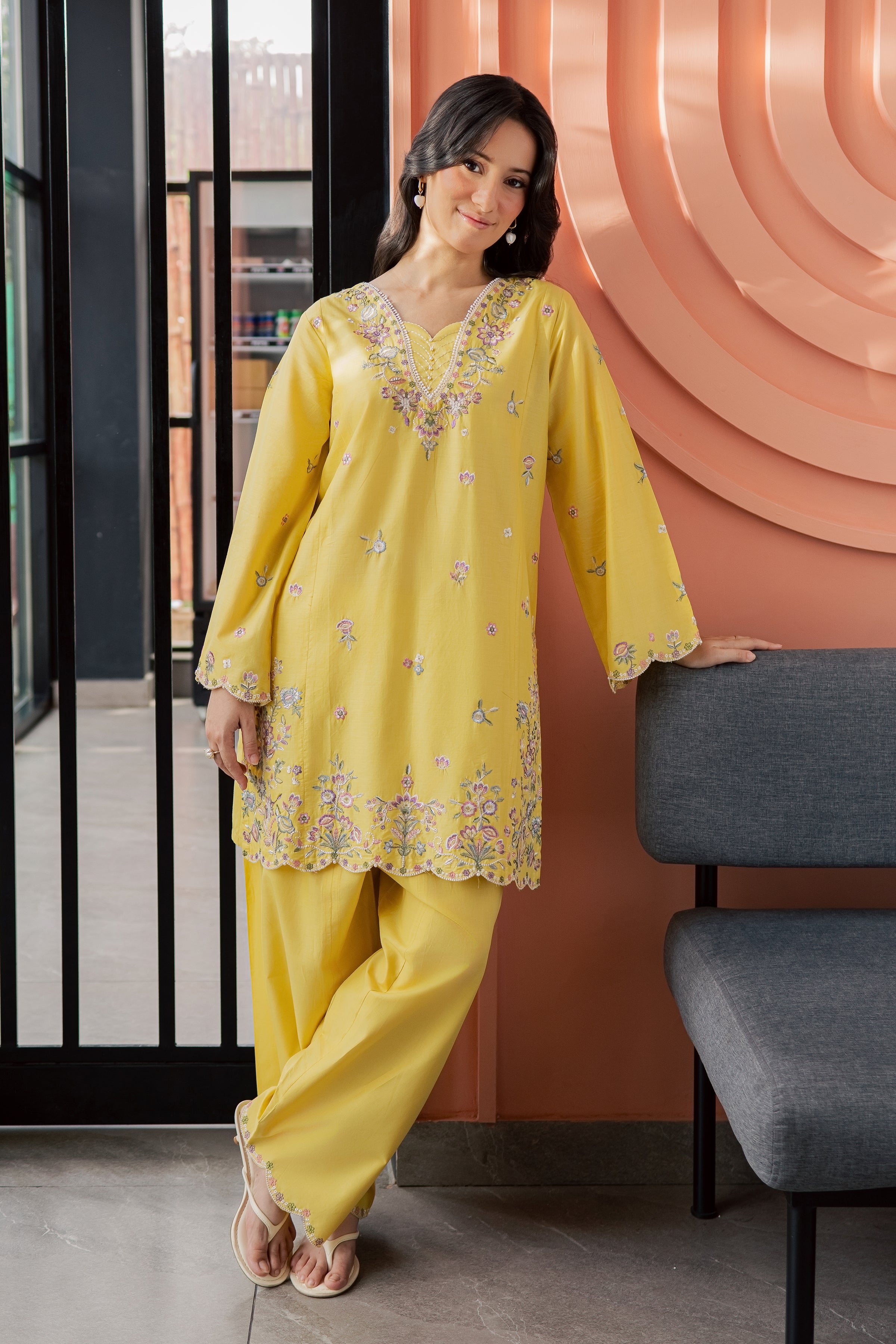 Auric 2Pc - Embroidered Lawn Dress EverydayEdit26  BATIK   XS / Lemon Yellow / Pima Lawn