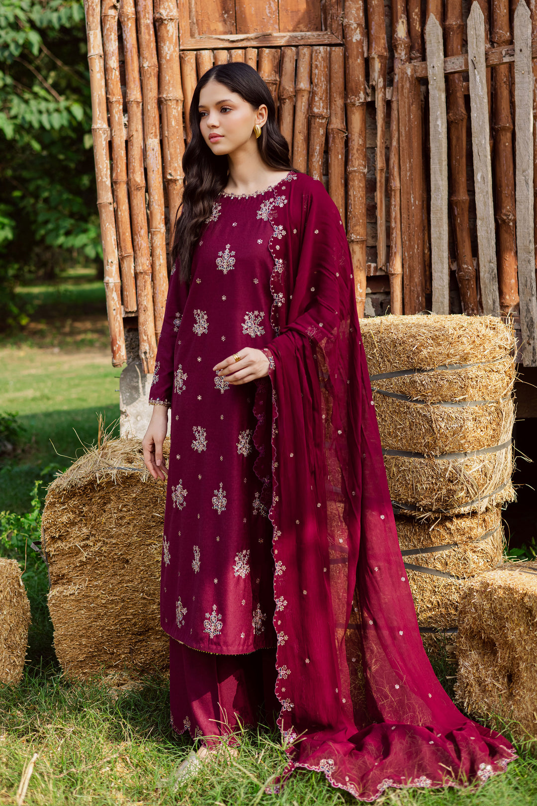  Bells 3Pc - Embroidered Karandi Dress BATIK WINTER PRET 2025  BATIK   XS / Maroon / Karandi-S / Maroon / Karandi-M / Maroon / Karandi-L / Maroon / Karandi-XL / Maroon / Karandi