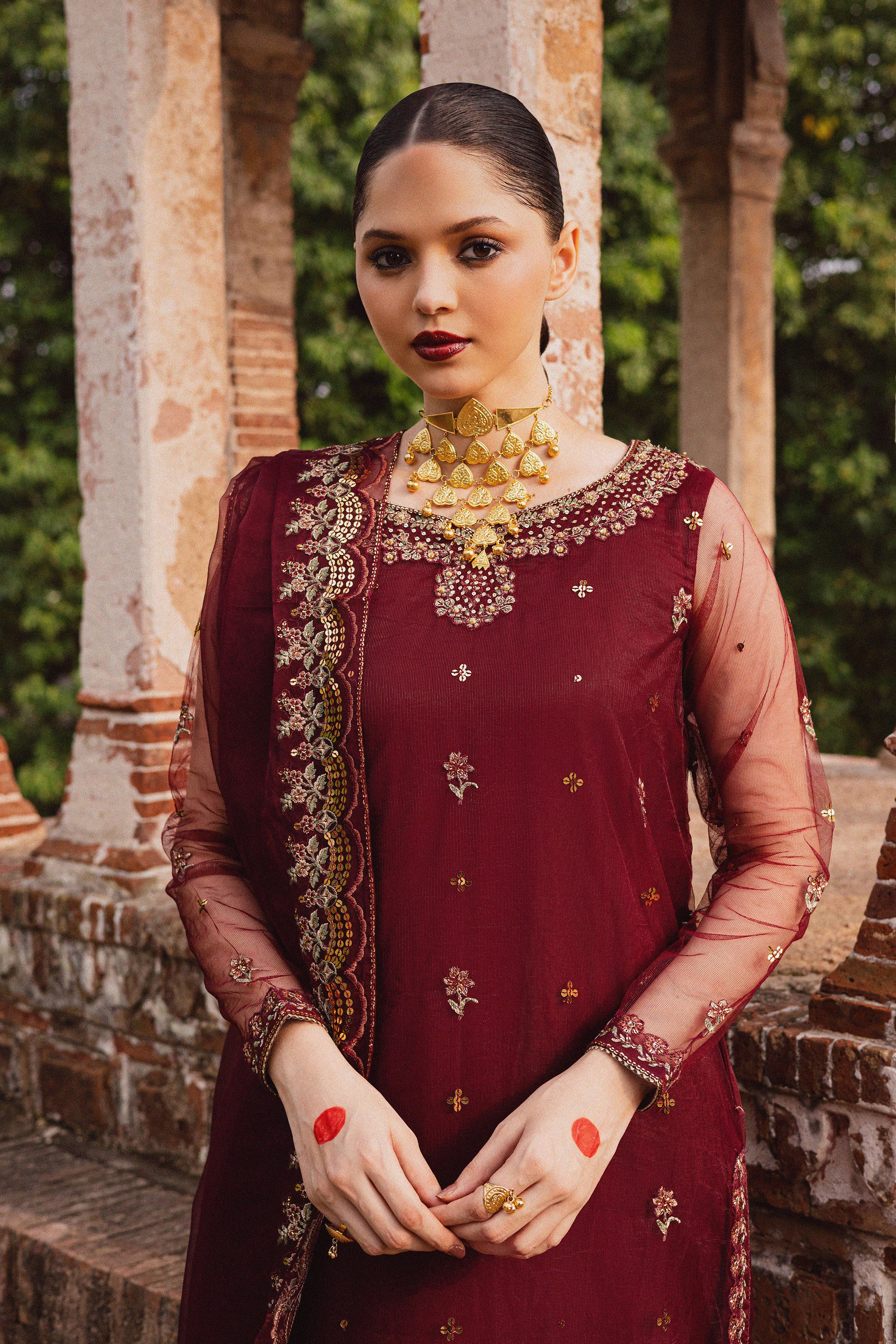  Beya 3Pc - Festive Luxe Pret BATIKSTUDIO2025  BATIK   S / Maroon / Net & Raw Silk-M / Maroon / Net & Raw Silk-L / Maroon / Net & Raw Silk