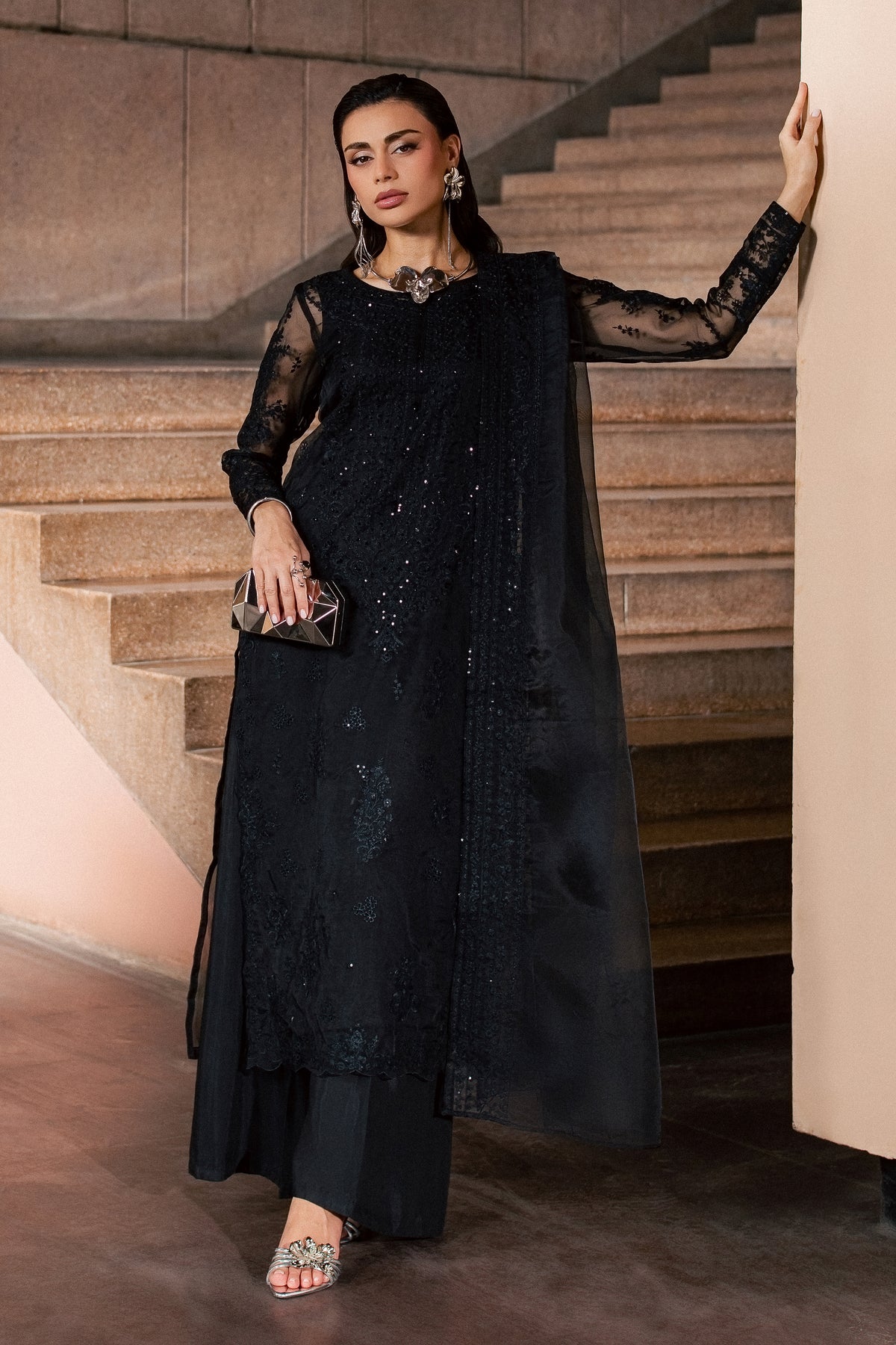 Black Black 3Pc - Festive Luxe Pret BATIKLUXESEP26  BATIK   XS / Black / Organza