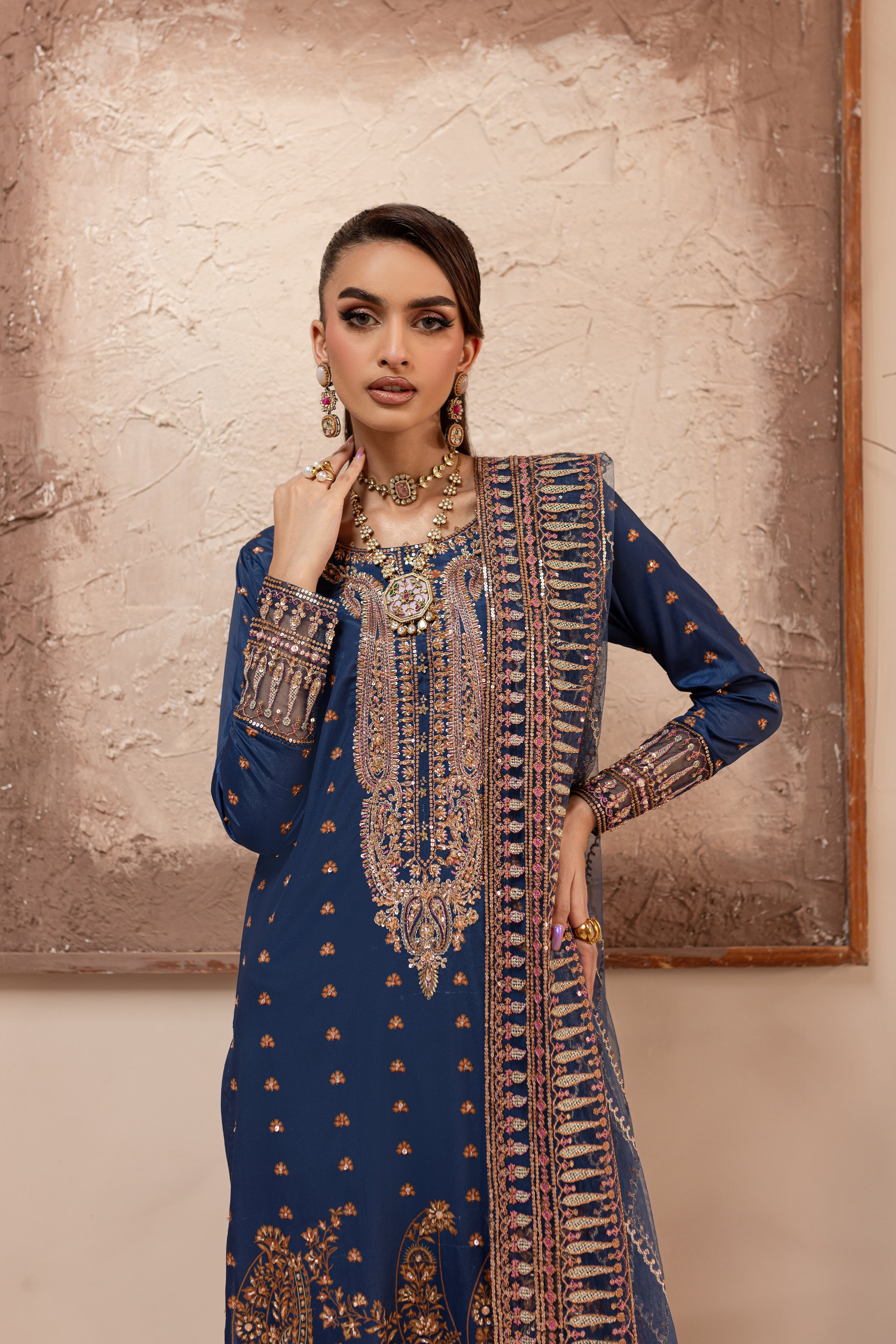 sapphire embroidered dress SAPPHIRE CROSS HATCH DRESS BY SAHAR – The Zaibai main image 1