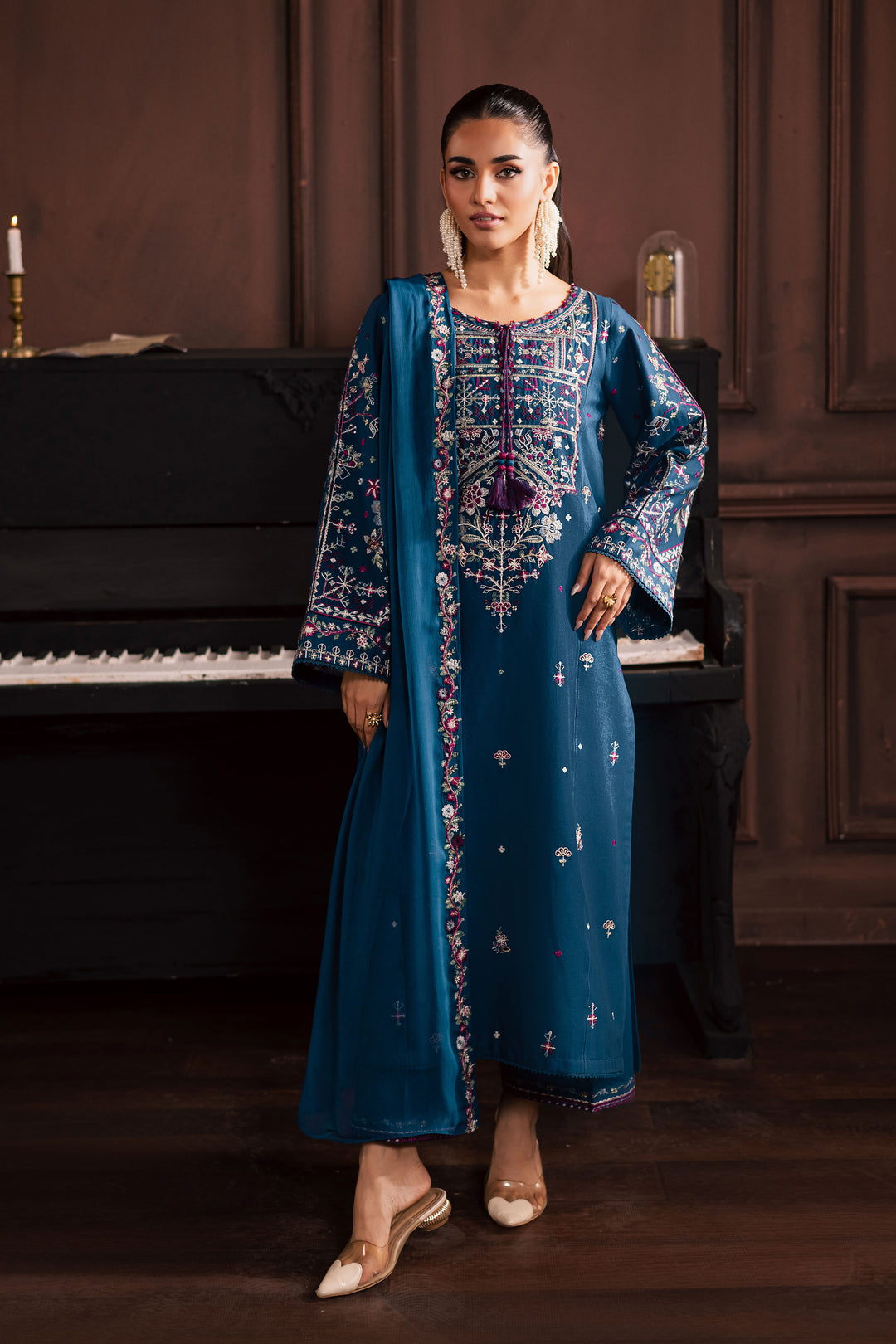 Blue Meg 3Pc - Embroidered Khaddar Dress