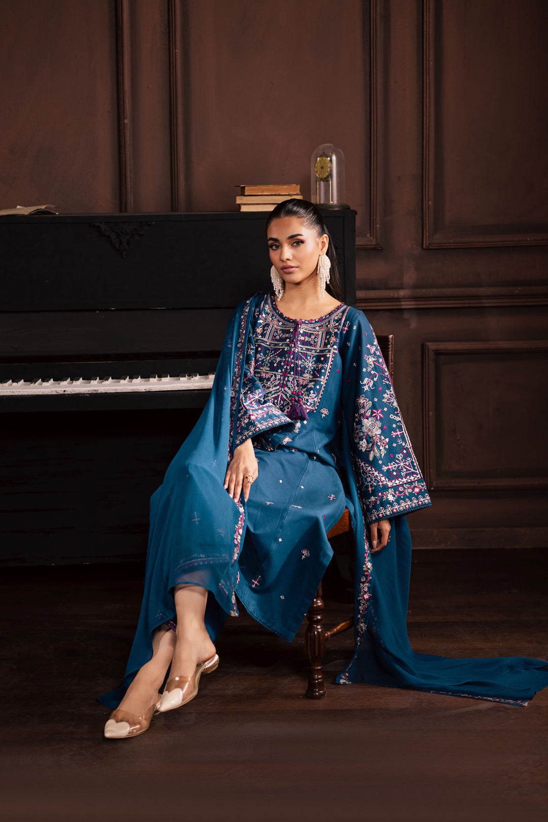 Blue Meg 3Pc - Embroidered Khaddar Dress