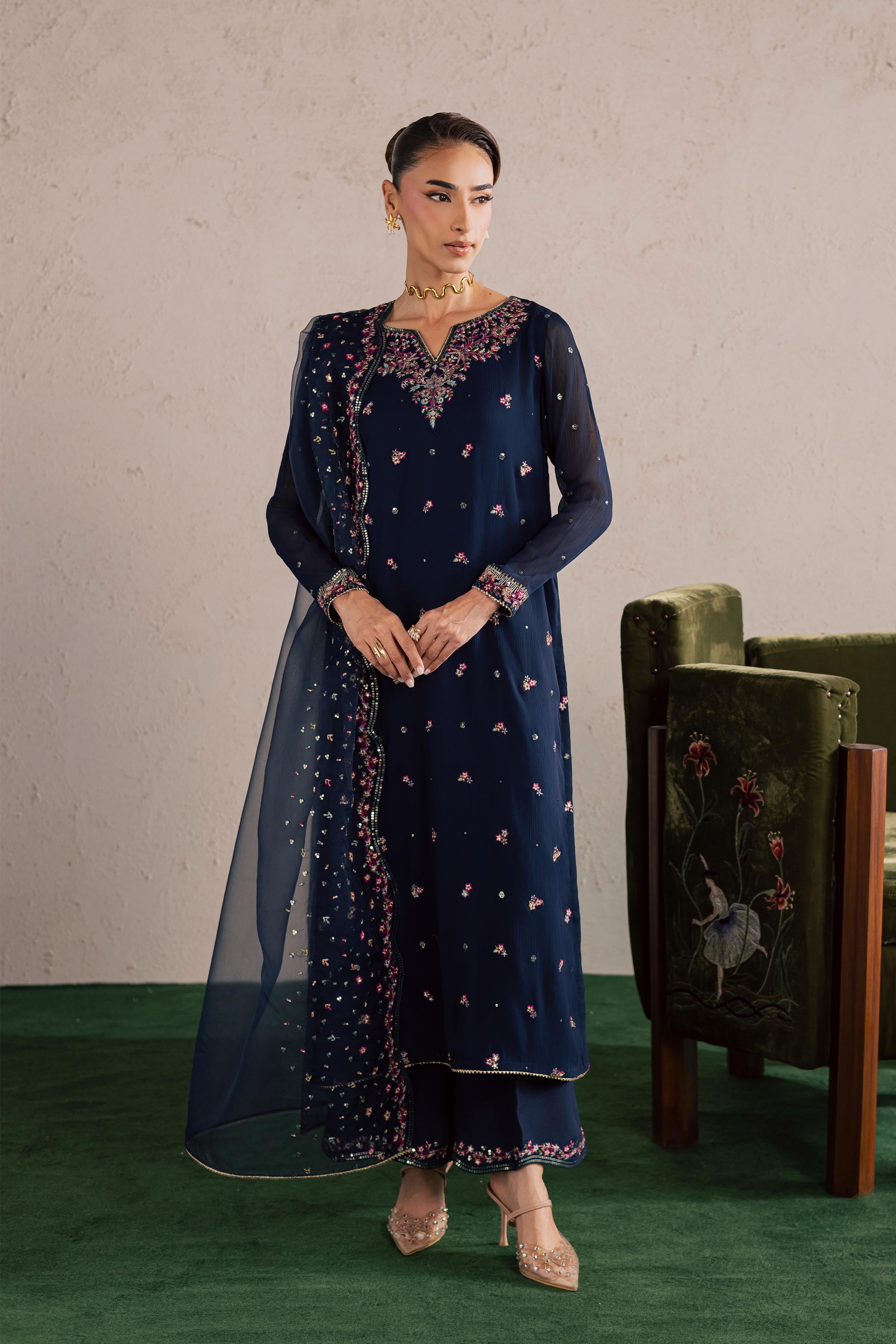  Bluey 3Pc - Festive Luxury Formal BATIKEID2026  BATIK   S / Navy Blue / Crinkle-M / Navy Blue / Crinkle-L / Navy Blue / Crinkle