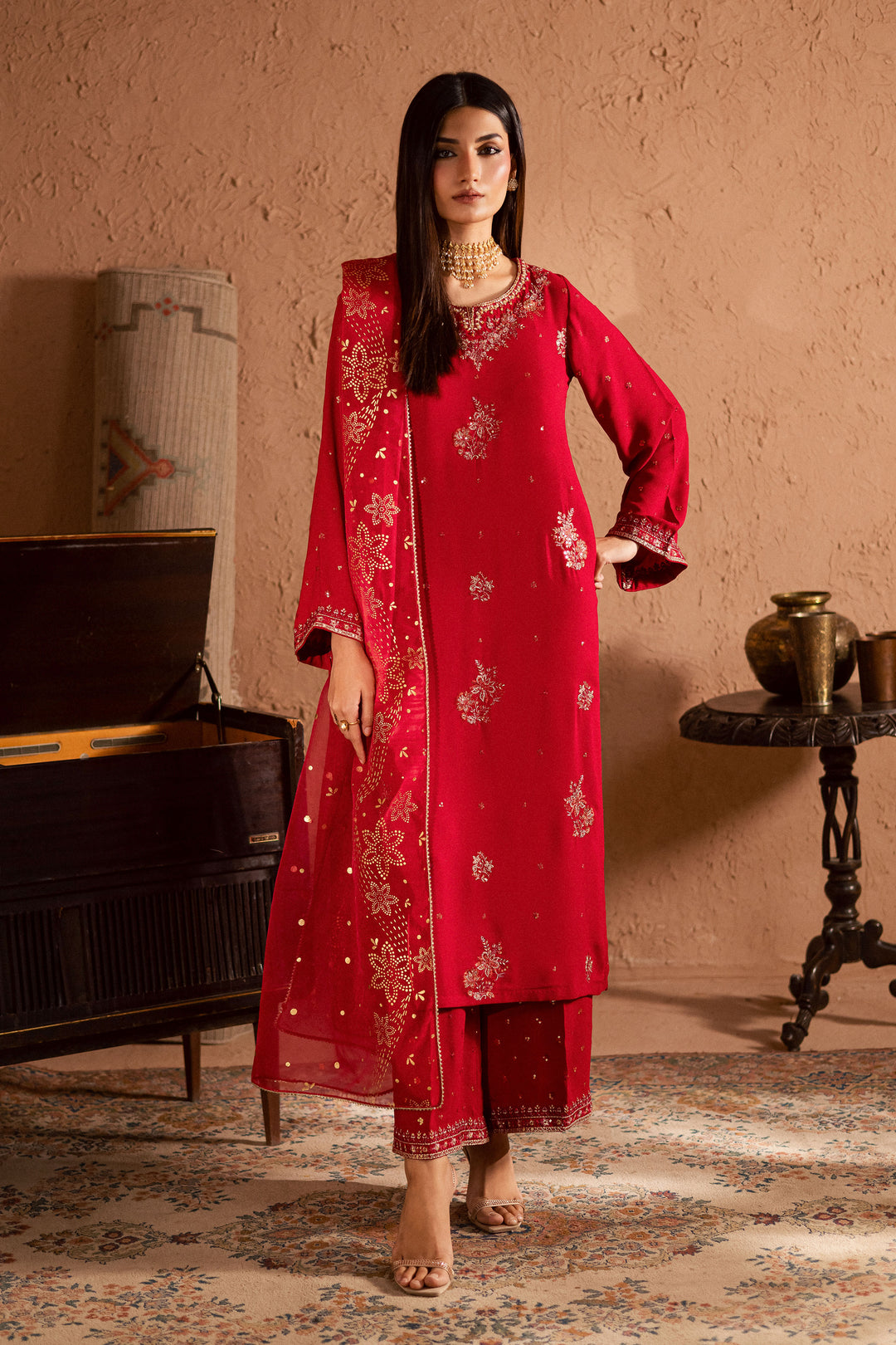  Corly 3Pc- Festive Luxe Pret BATIKSTUDIO2025  BATIK   S / Red / Georgette-M / Red / Georgette-L / Red / Georgette