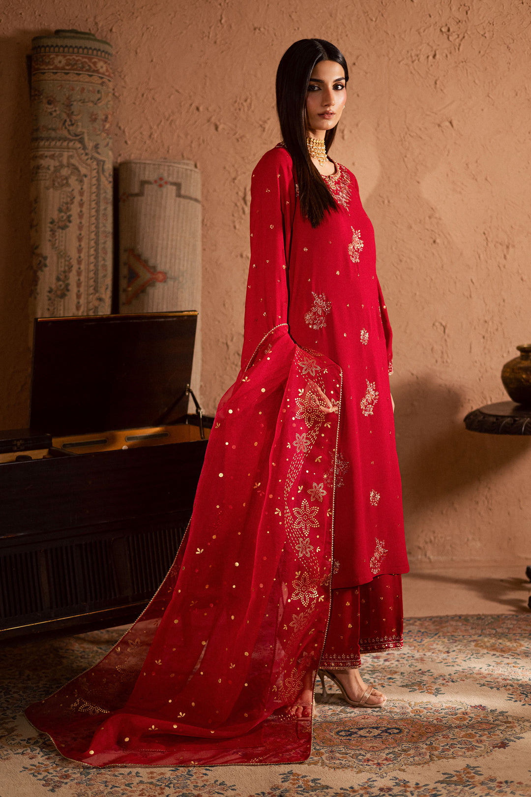  Corly 3Pc- Festive Luxe Pret BATIKSTUDIO2025  BATIK   S / Red / Georgette-M / Red / Georgette-L / Red / Georgette