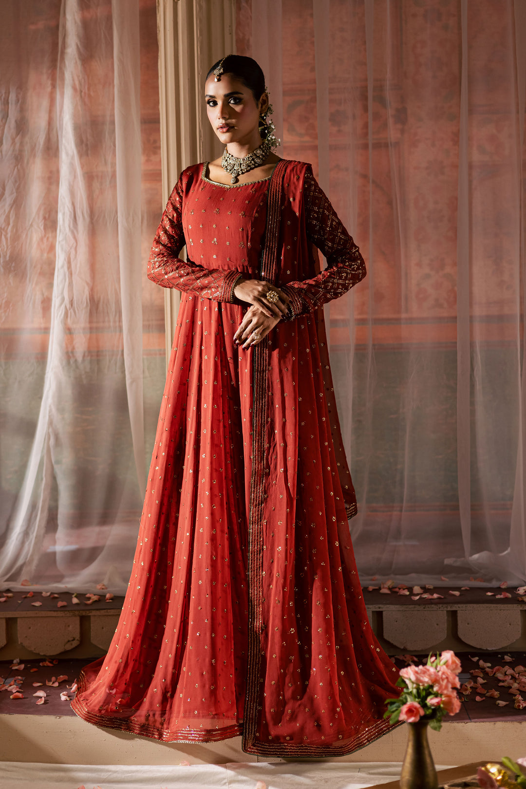  Crusteez 3Pc - Chiffon Wedding Frock BATIKLuxePRET2025  BATIK   S / Rust / Chiffon & Raw Silk-M / Rust / Chiffon & Raw Silk-L / Rust / Chiffon & Raw Silk