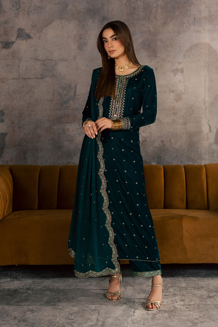  Cyan Westeria 3Pc - Velvet Formal Dress BATIKSTUDIO2025  BATIK   S / Cyan / Velvet-M / Cyan / Velvet-L / Cyan / Velvet