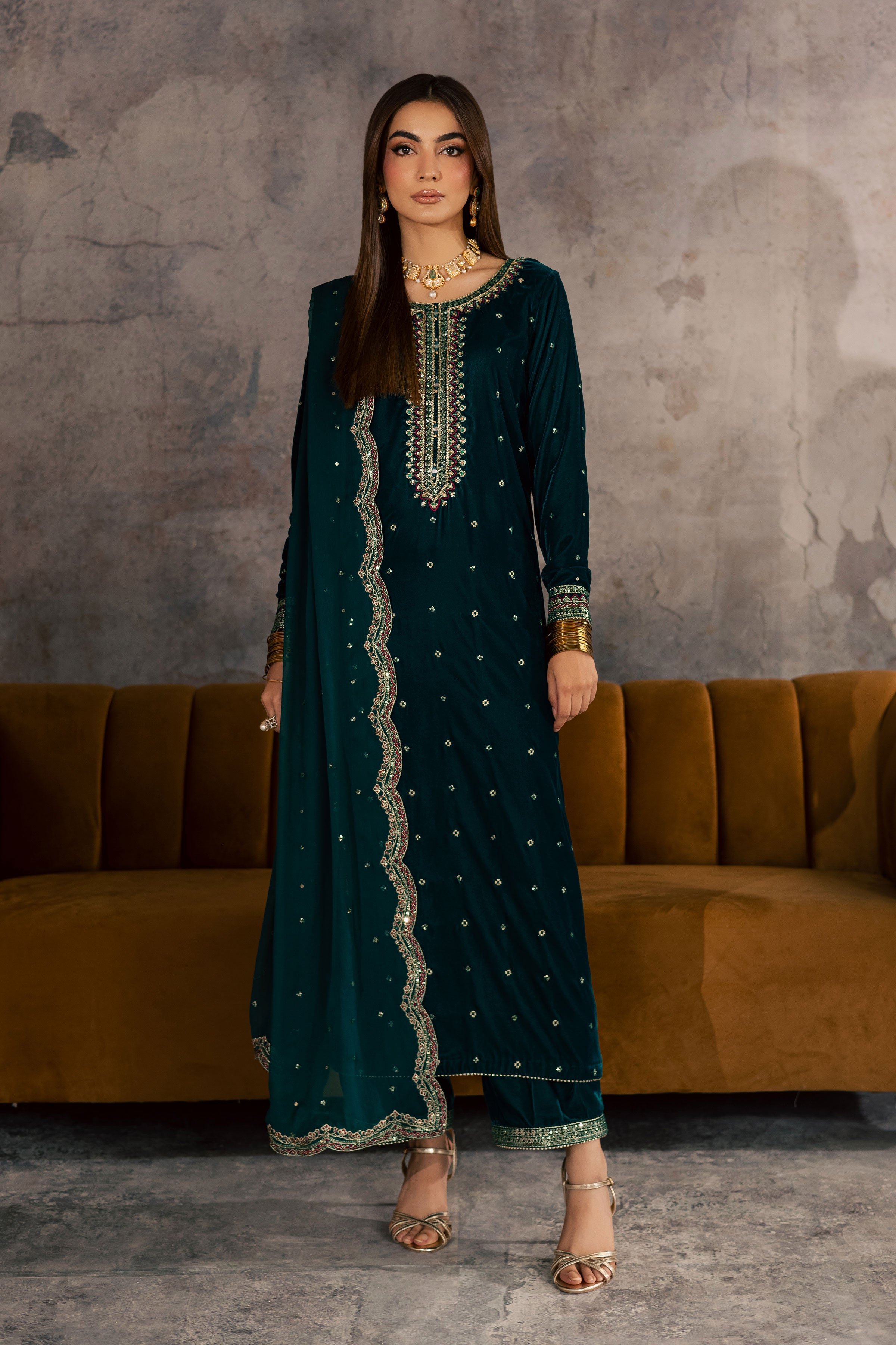  Cyan Westeria 3Pc - Velvet Formal Dress BATIKSTUDIO2025  BATIK   S / Cyan / Velvet-M / Cyan / Velvet-L / Cyan / Velvet