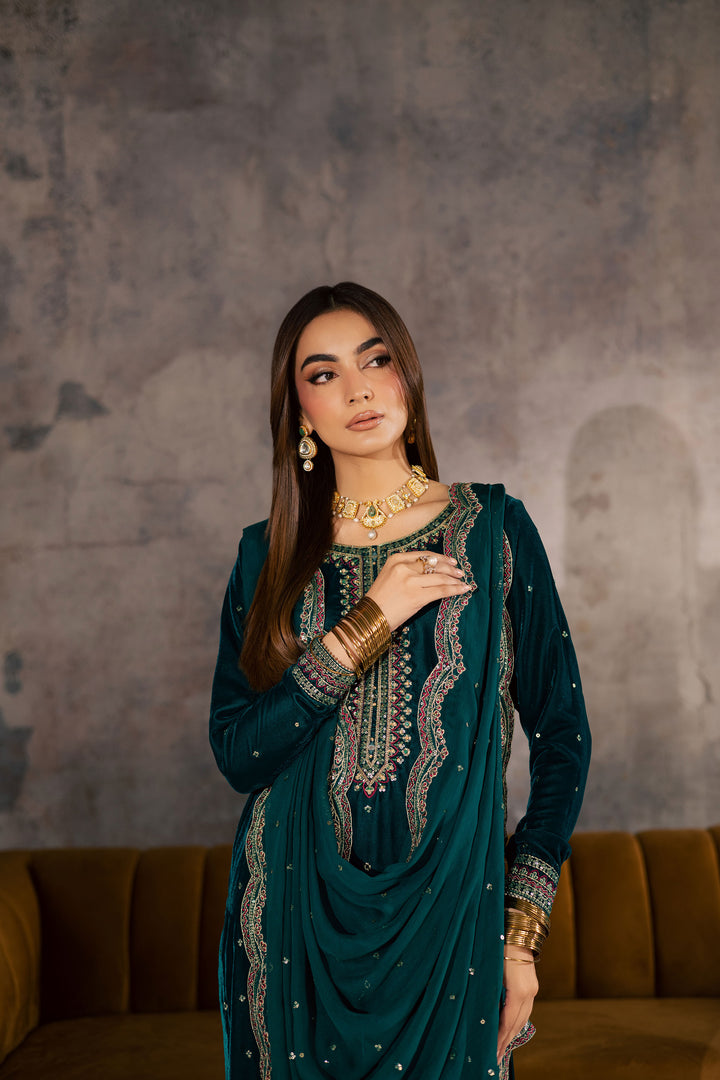  Cyan Westeria 3Pc - Velvet Formal Dress BATIKSTUDIO2025  BATIK   S / Cyan / Velvet-M / Cyan / Velvet-L / Cyan / Velvet