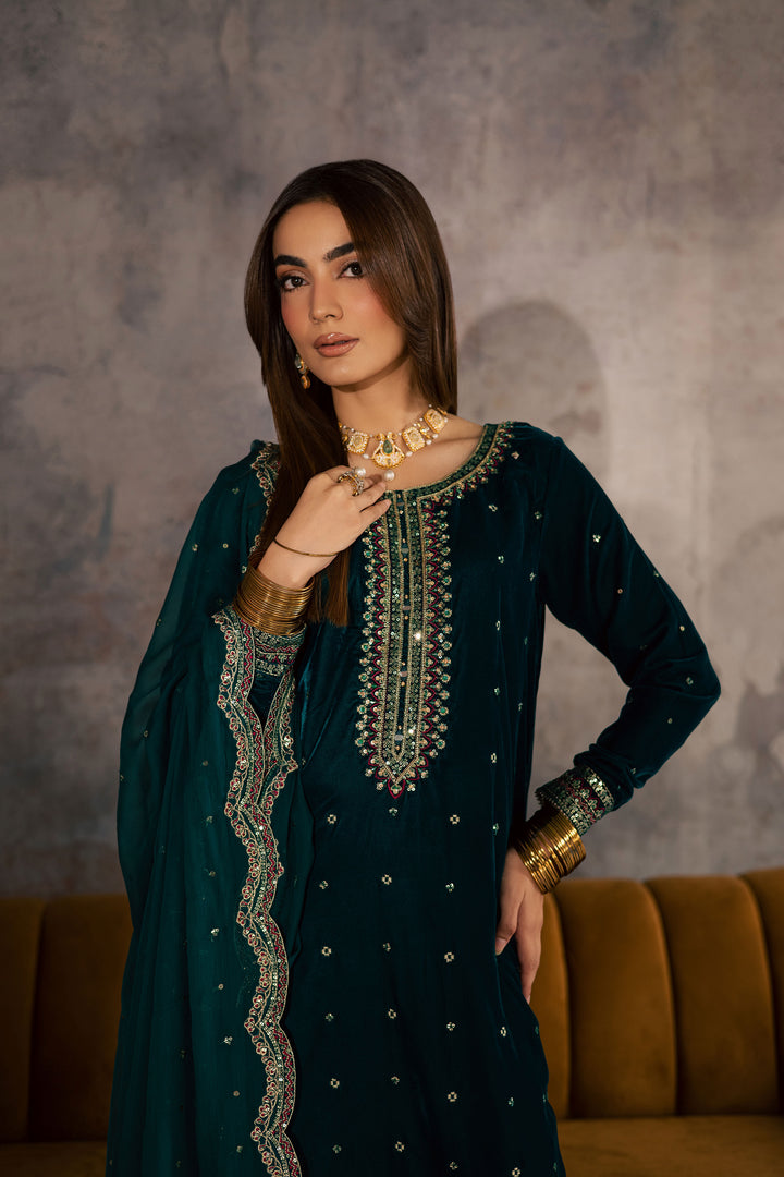  Cyan Westeria 3Pc - Velvet Formal Dress BATIKSTUDIO2025  BATIK   S / Cyan / Velvet-M / Cyan / Velvet-L / Cyan / Velvet