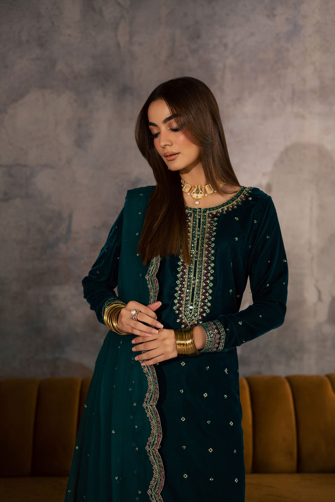  Cyan Westeria 3Pc - Velvet Formal Dress BATIKSTUDIO2025  BATIK   S / Cyan / Velvet-M / Cyan / Velvet-L / Cyan / Velvet