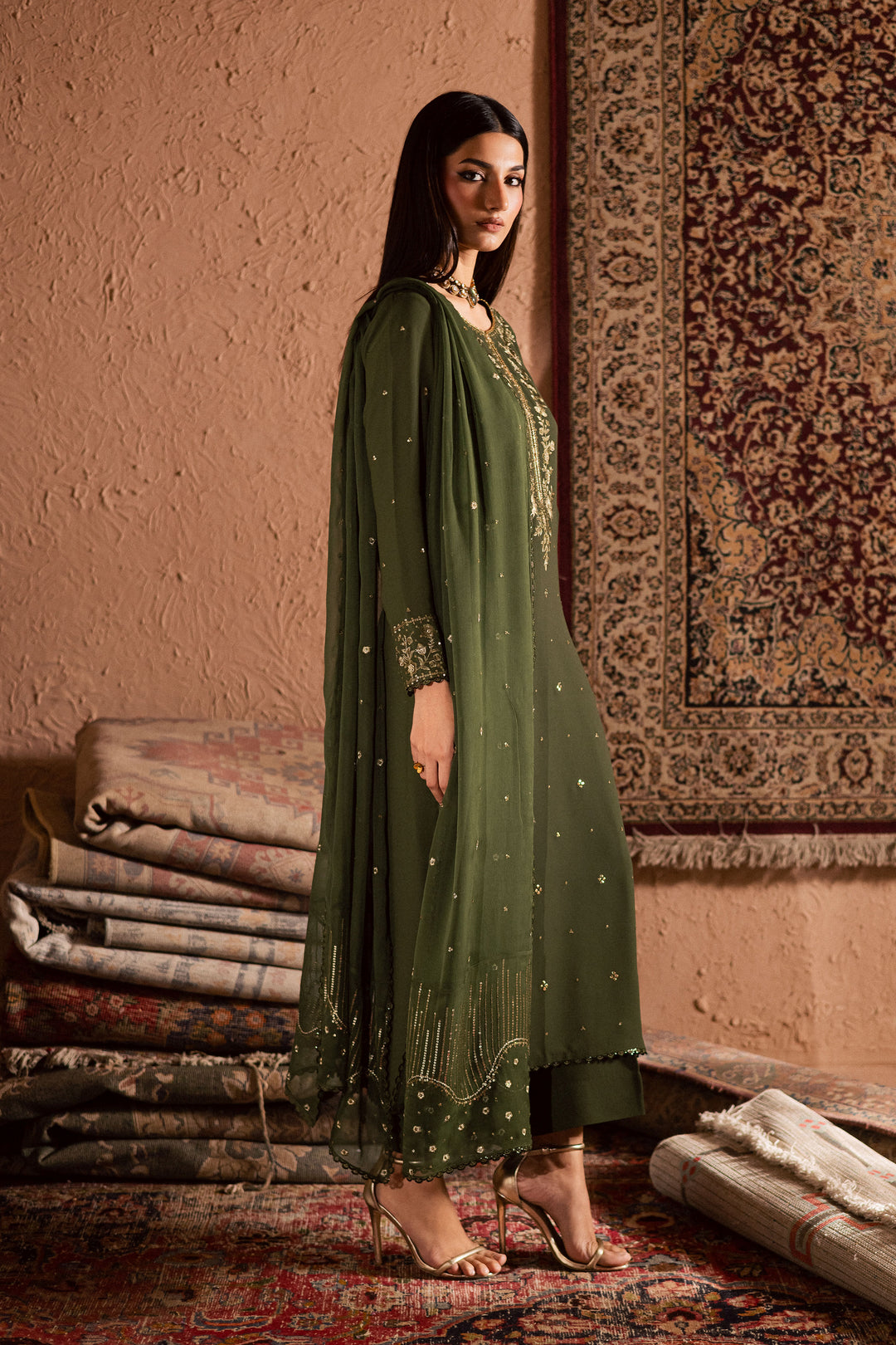 Dark Jade 3Pc- Festive Luxe Pret BATIKSTUDIO2025  BATIK   S / Mehndi Green / Georgette-M / Mehndi Green / Georgette-L / Mehndi Green / Georgette