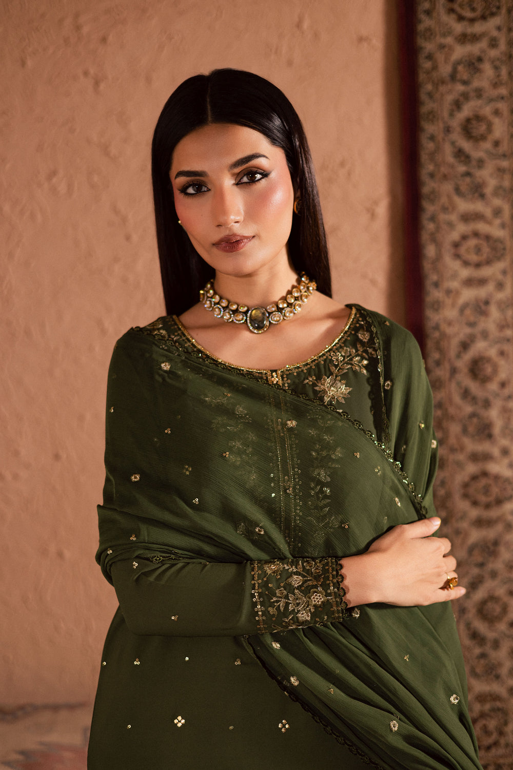  Dark Jade 3Pc- Festive Luxe Pret BATIKSTUDIO2025  BATIK   S / Mehndi Green / Georgette-M / Mehndi Green / Georgette-L / Mehndi Green / Georgette