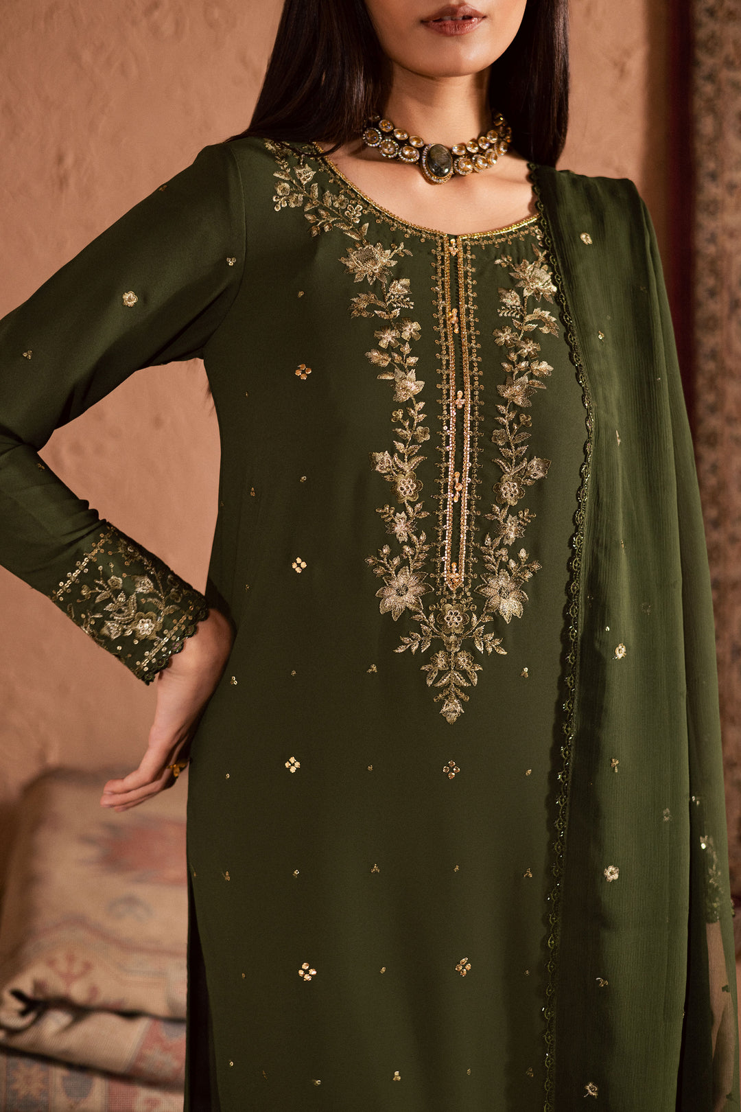  Dark Jade 3Pc- Festive Luxe Pret BATIKSTUDIO2025  BATIK   S / Mehndi Green / Georgette-M / Mehndi Green / Georgette-L / Mehndi Green / Georgette