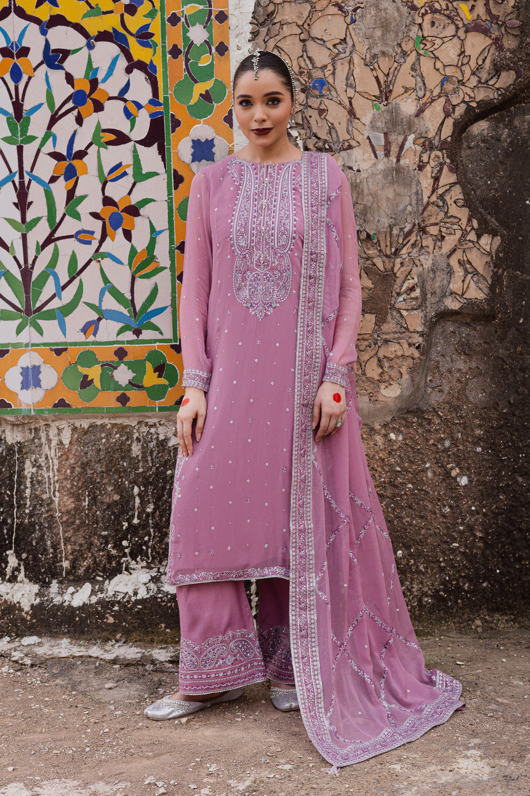  Dusty Salina 3Pc - Festive Luxe Pret BATIKLuxePRET  BATIK   XS / Mauve / Chiffon & Raw Silk-S / Mauve / Chiffon & Raw Silk-M / Mauve / Chiffon & Raw Silk-L / Mauve / Chiffon & Raw Silk-XL / Mauve / Chiffon & Raw Silk