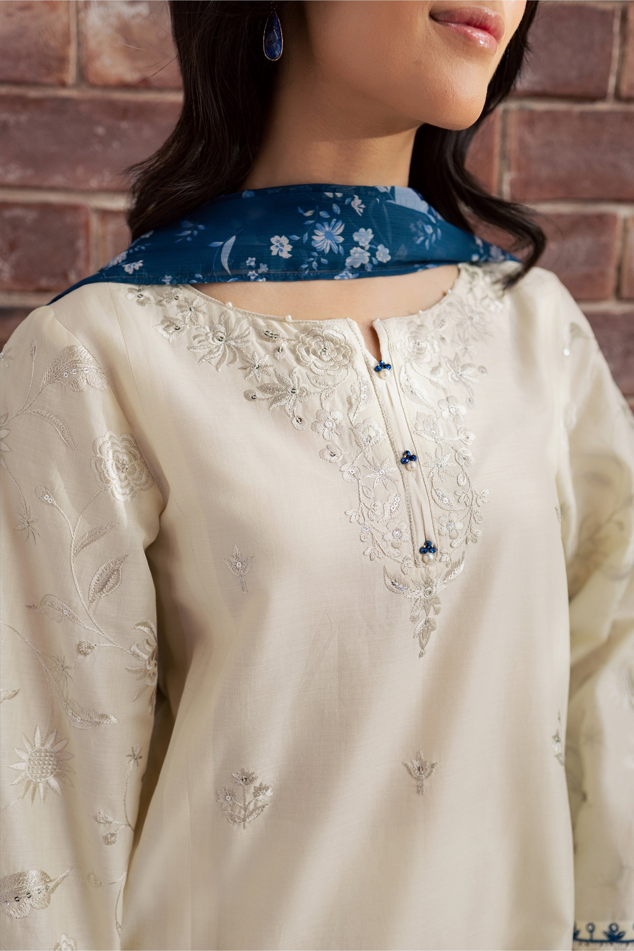 Echo Blue 3Pc - Embroidered Lawn Dress EverydayEdit26  BATIK   XS / Off White / Pima Lawn