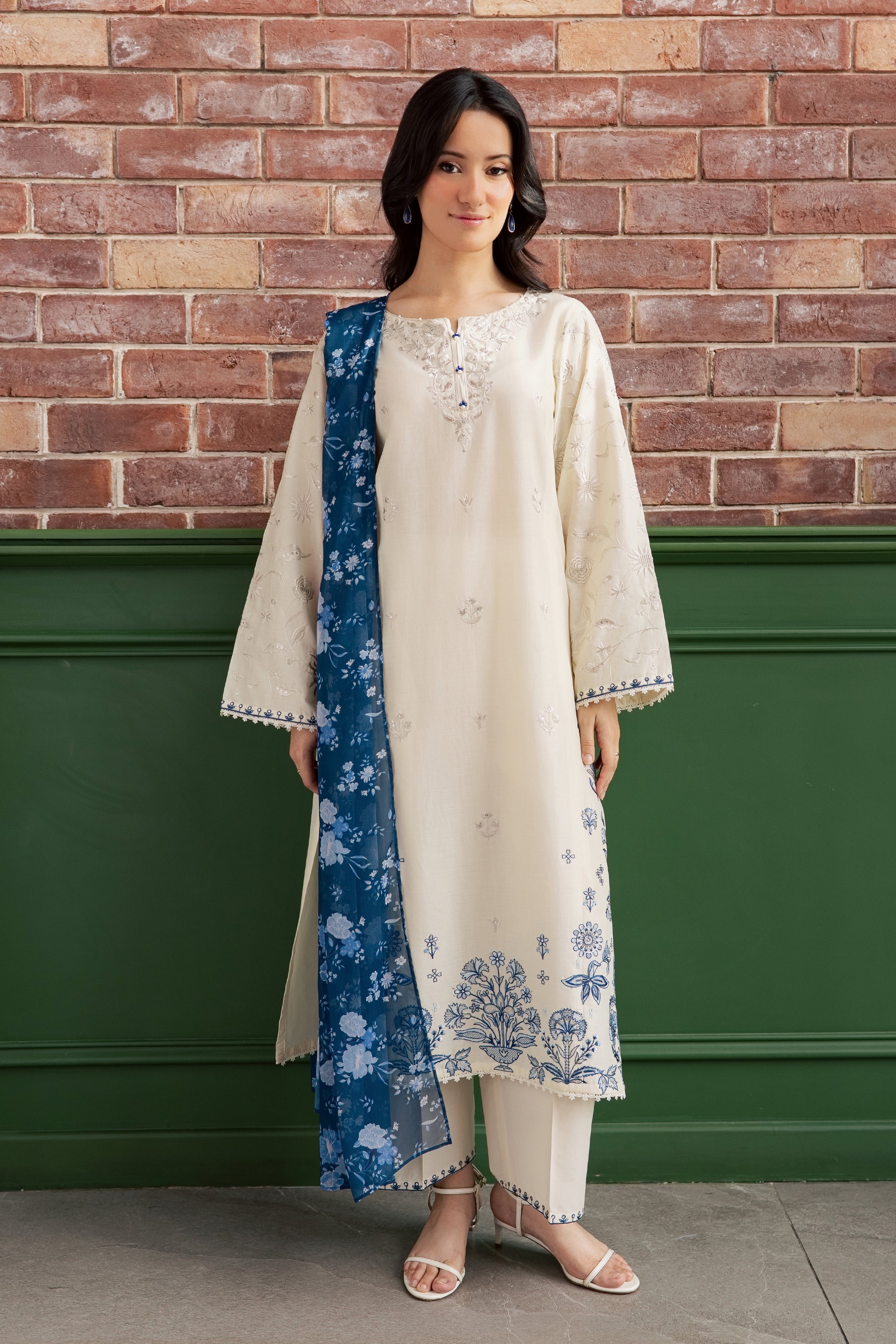 Echo Blue 3Pc - Embroidered Lawn Dress EverydayEdit26  BATIK   XS / Off White / Pima Lawn