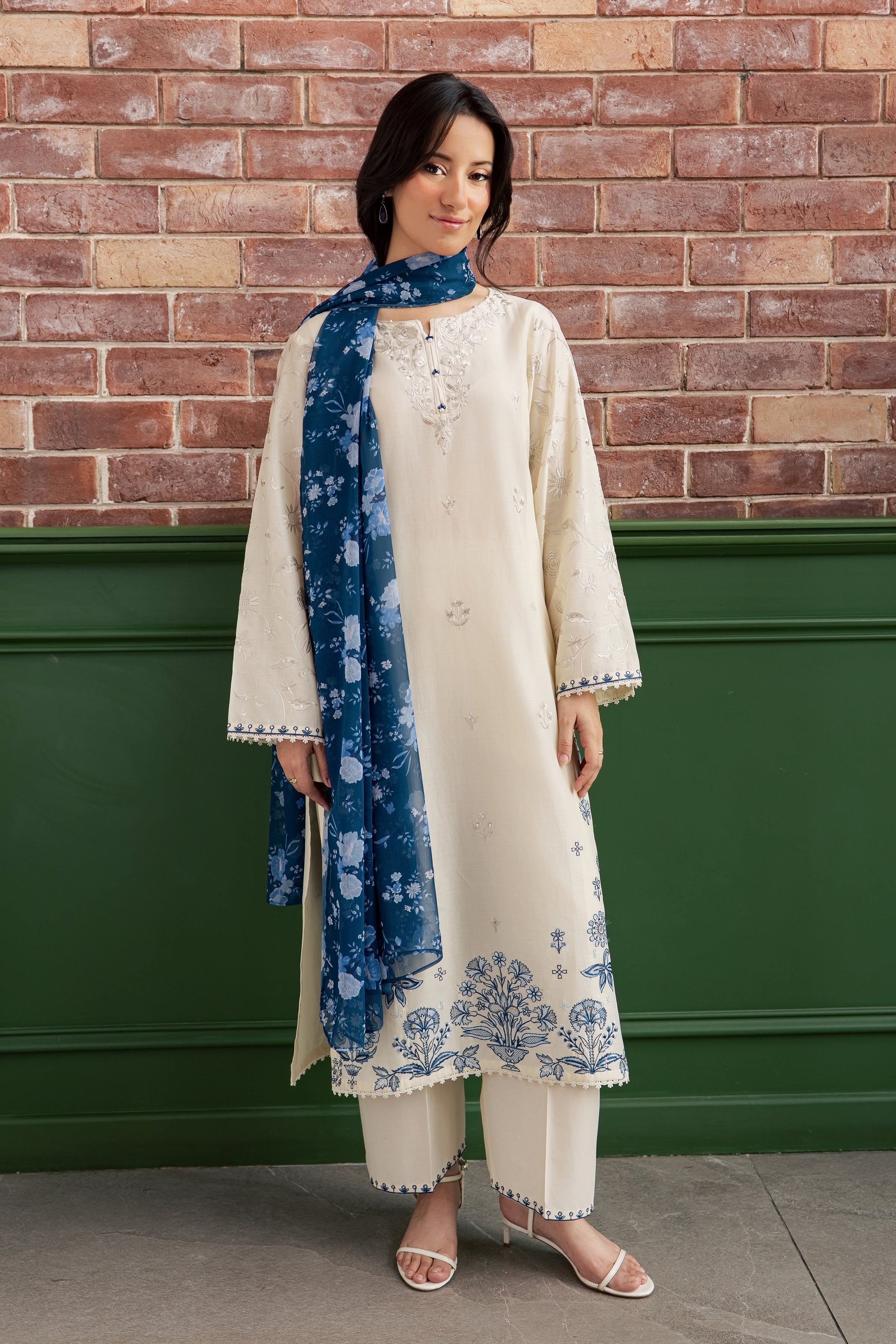 Echo Blue 3Pc - Embroidered Lawn Dress EverydayEdit26  BATIK   XS / Off White / Pima Lawn