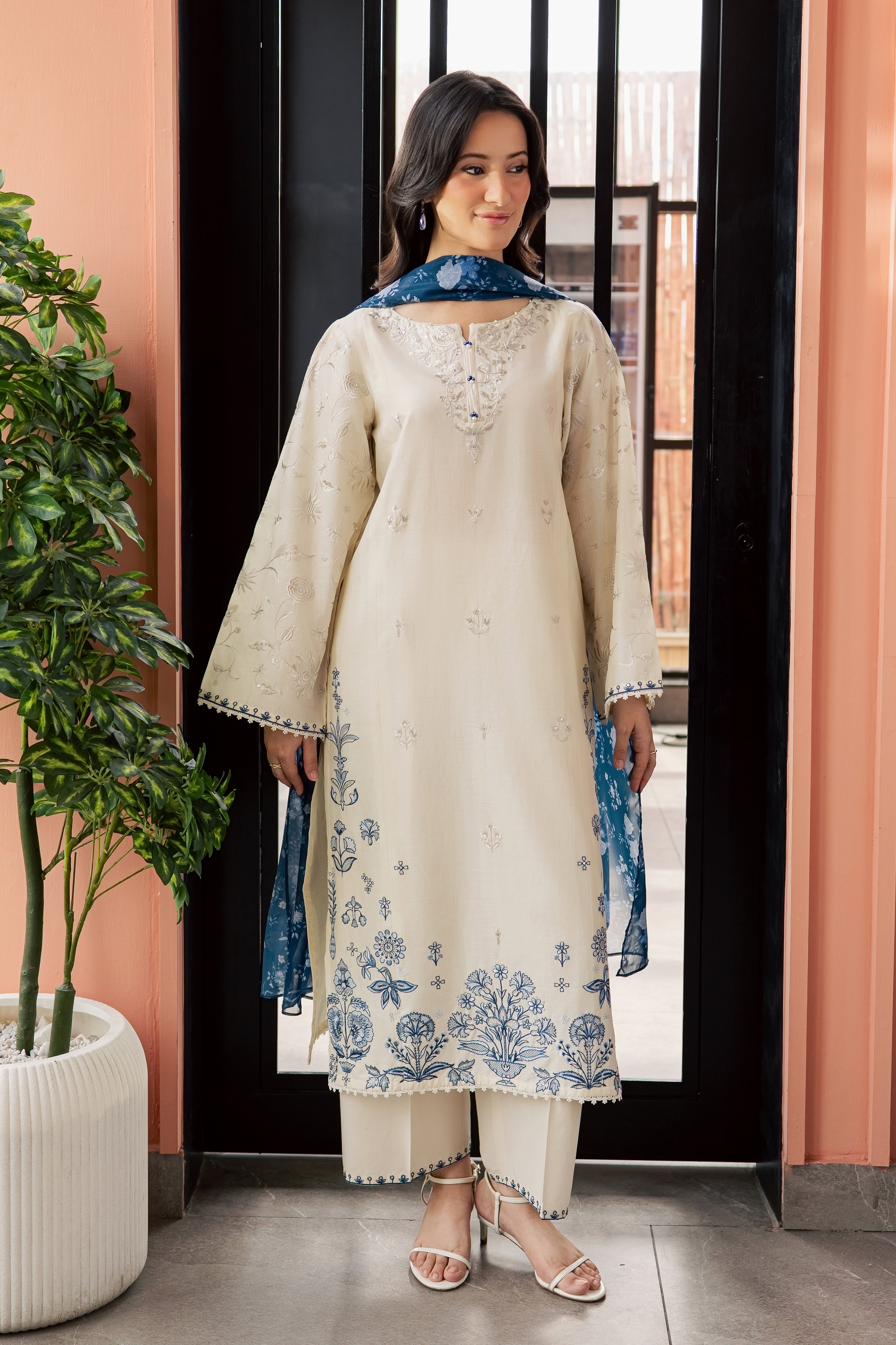 Echo Blue 3Pc - Embroidered Lawn Dress EverydayEdit26  BATIK   XS / Off White / Pima Lawn