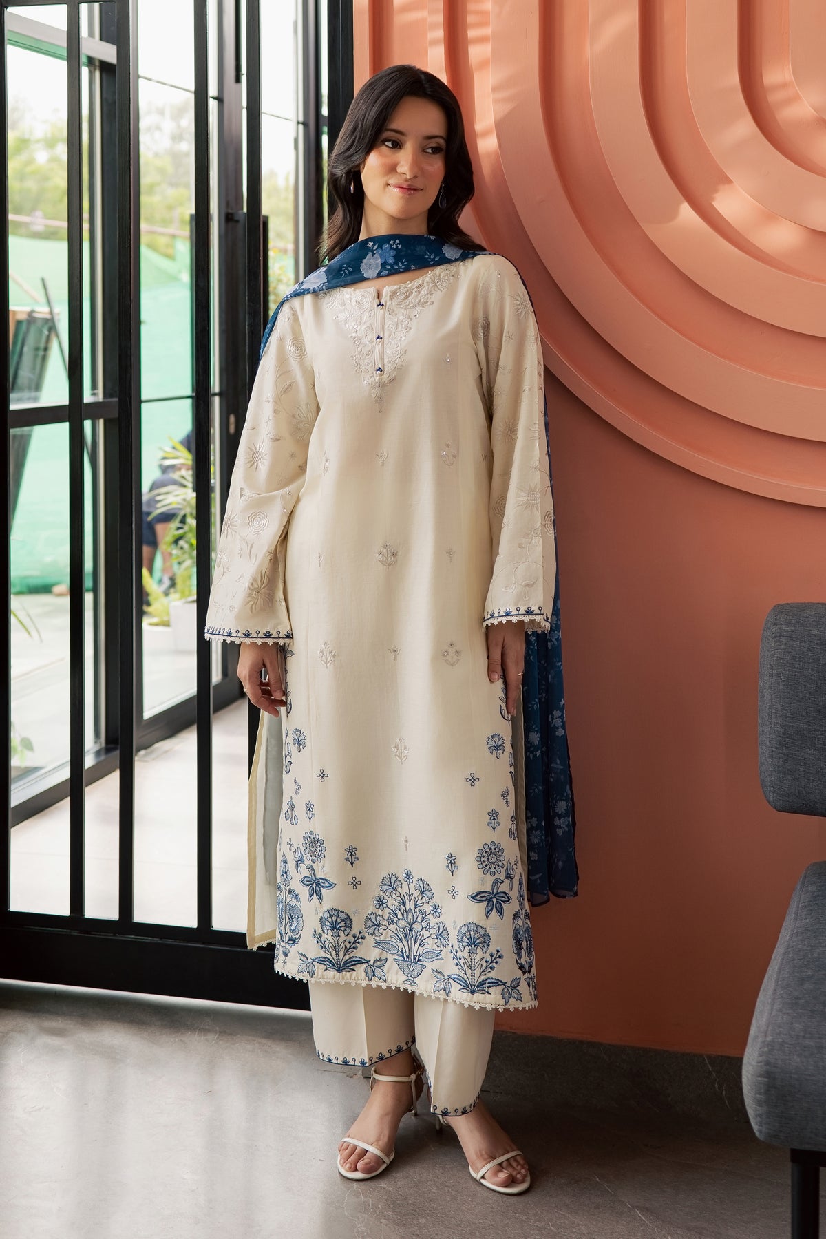 Echo Blue 3Pc - Embroidered Lawn Dress EverydayEdit26  BATIK   XS / Off White / Pima Lawn