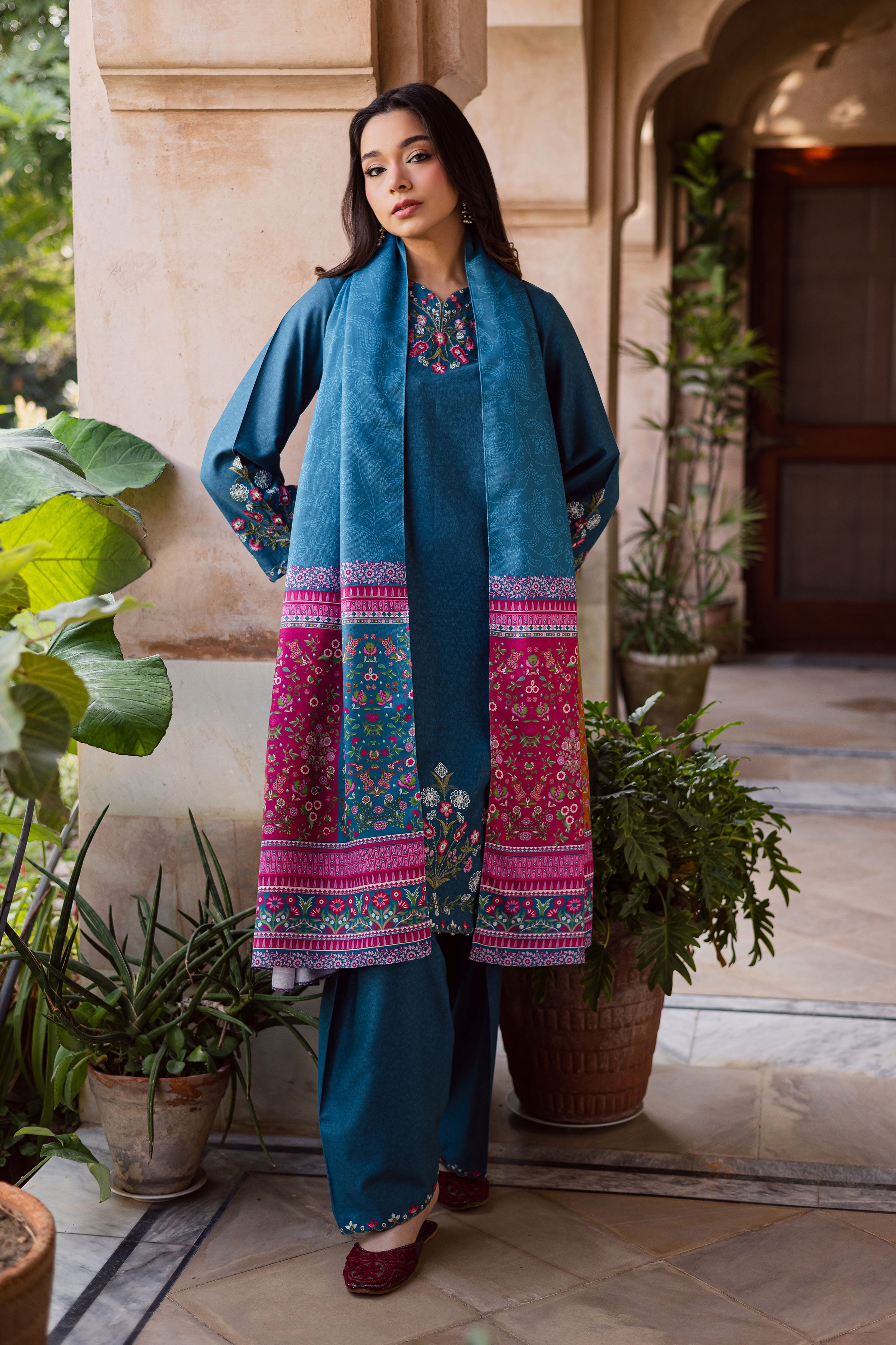  Elika 3Pc - Embroidered Karandi Dress BATIK WINTER PRET 2025  BATIK   XS / Whale Blue / Karandi-S / Whale Blue / Karandi-M / Whale Blue / Karandi-L / Whale Blue / Karandi-XL / Whale Blue / Karandi