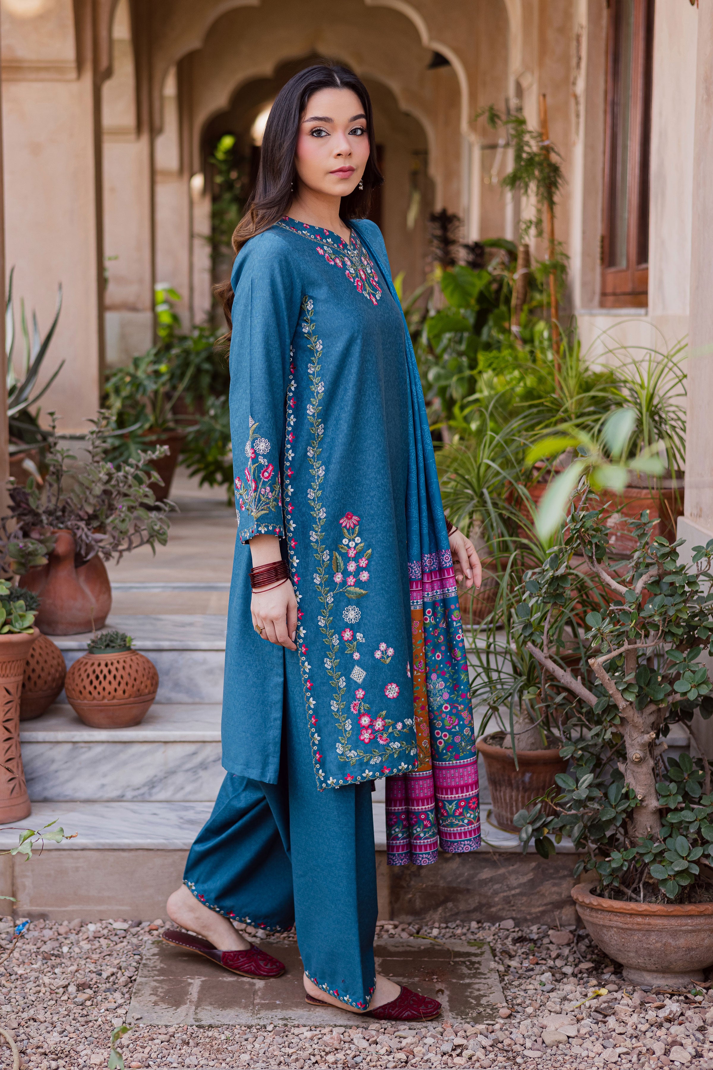  Elika 3Pc - Embroidered Karandi Dress BATIK WINTER PRET 2025  BATIK   XS / Whale Blue / Karandi-S / Whale Blue / Karandi-M / Whale Blue / Karandi-L / Whale Blue / Karandi-XL / Whale Blue / Karandi