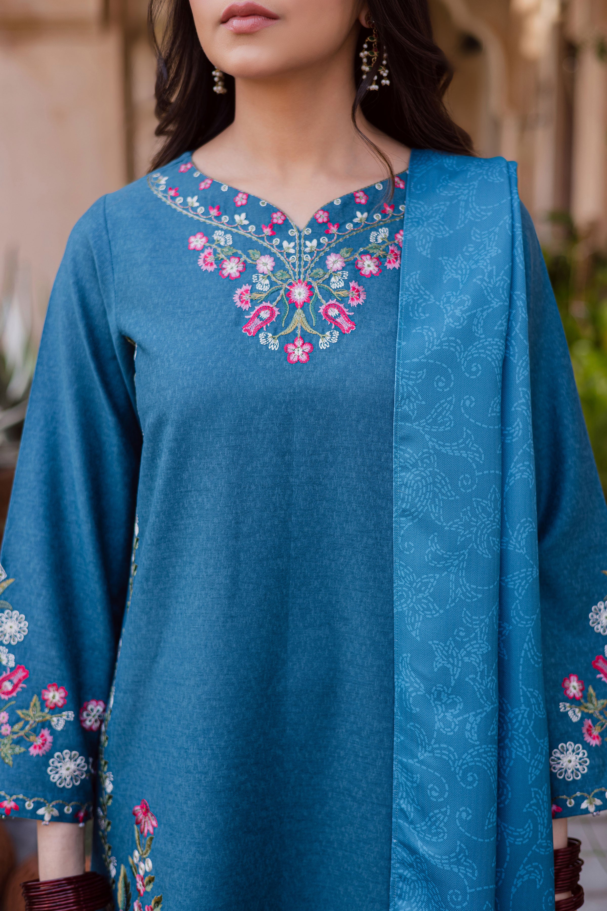  Elika 3Pc - Embroidered Karandi Dress BATIK WINTER PRET 2025  BATIK   XS / Whale Blue / Karandi-S / Whale Blue / Karandi-M / Whale Blue / Karandi-L / Whale Blue / Karandi-XL / Whale Blue / Karandi