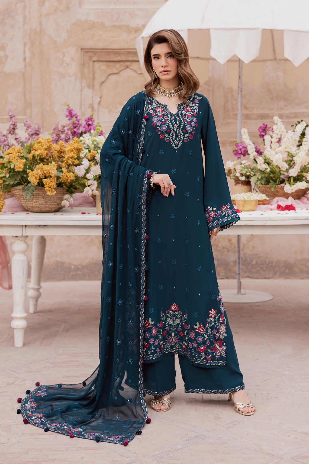  Elodia 3Pc - Festive Luxe Pret BATIKSTUDIO2025  BATIK   S / Teal / Georgette-M / Teal / Georgette-L / Teal / Georgette