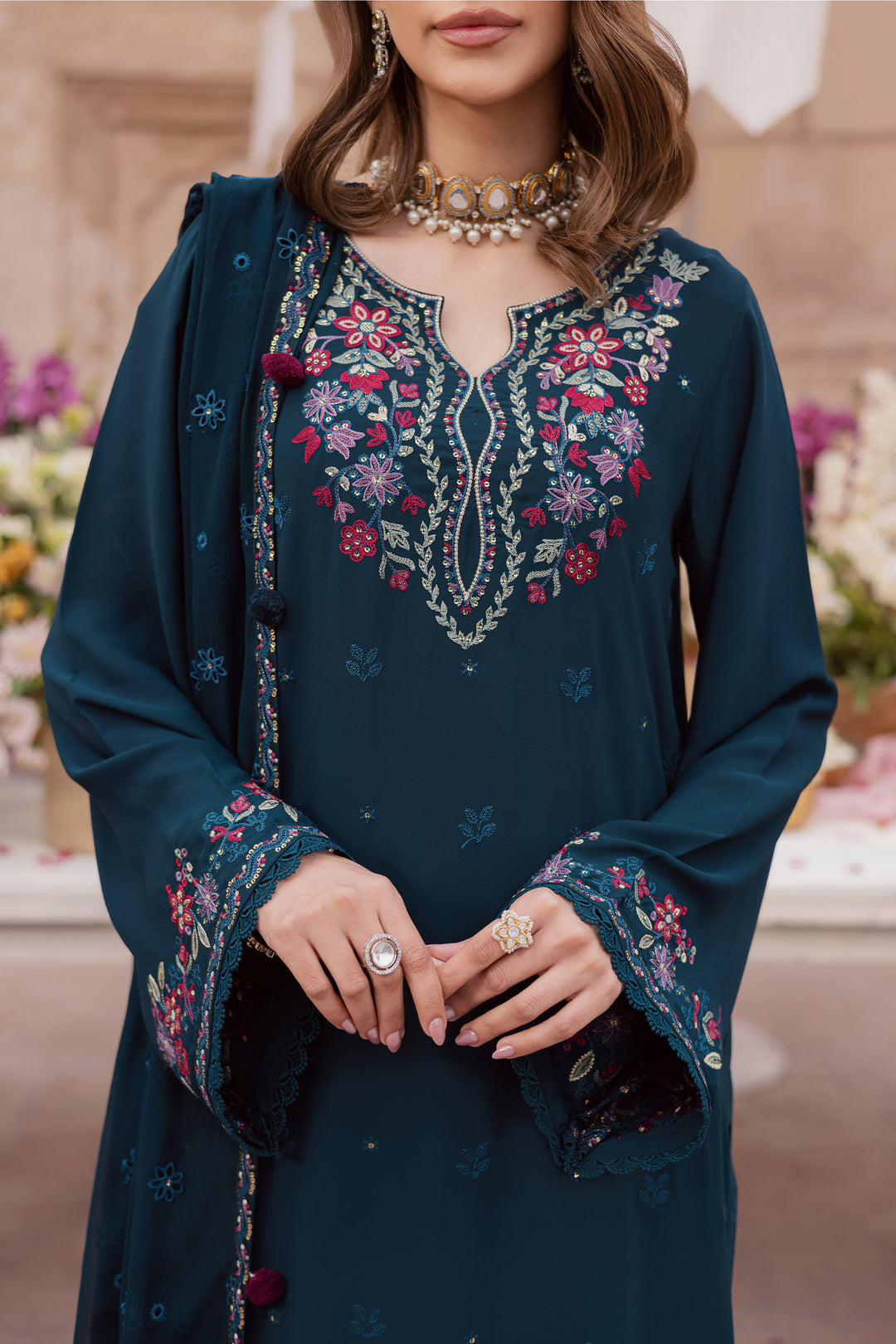  Elodia 3Pc - Festive Luxe Pret BATIKSTUDIO2025  BATIK   S / Teal / Georgette-M / Teal / Georgette-L / Teal / Georgette